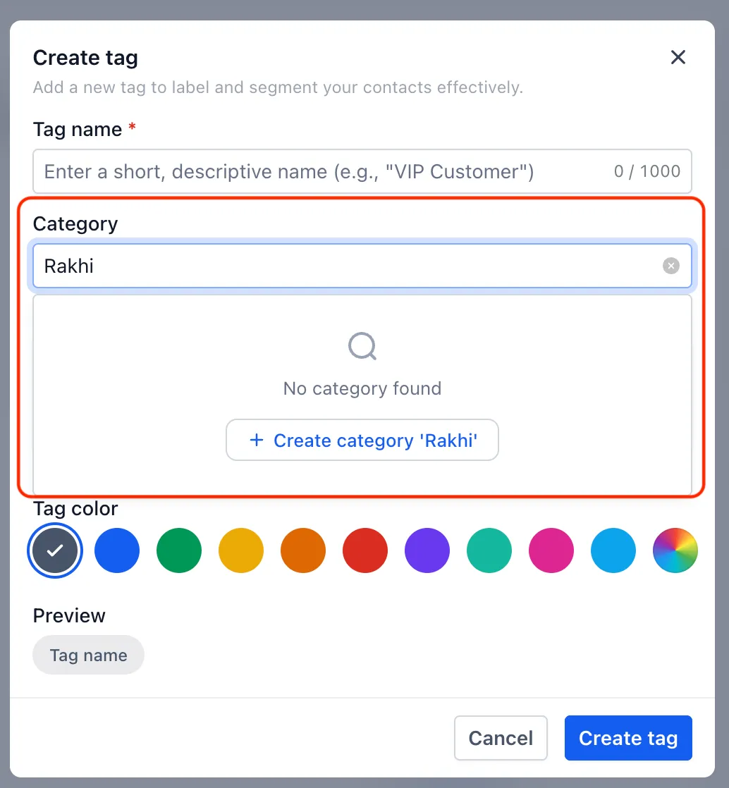 Create Tag dialog offering to create a missing category