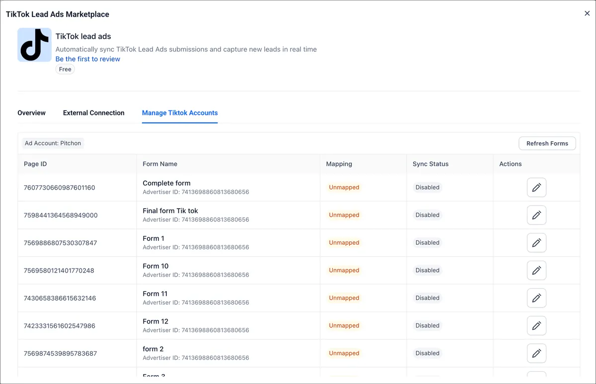 TikTok Lead Ads form listing view