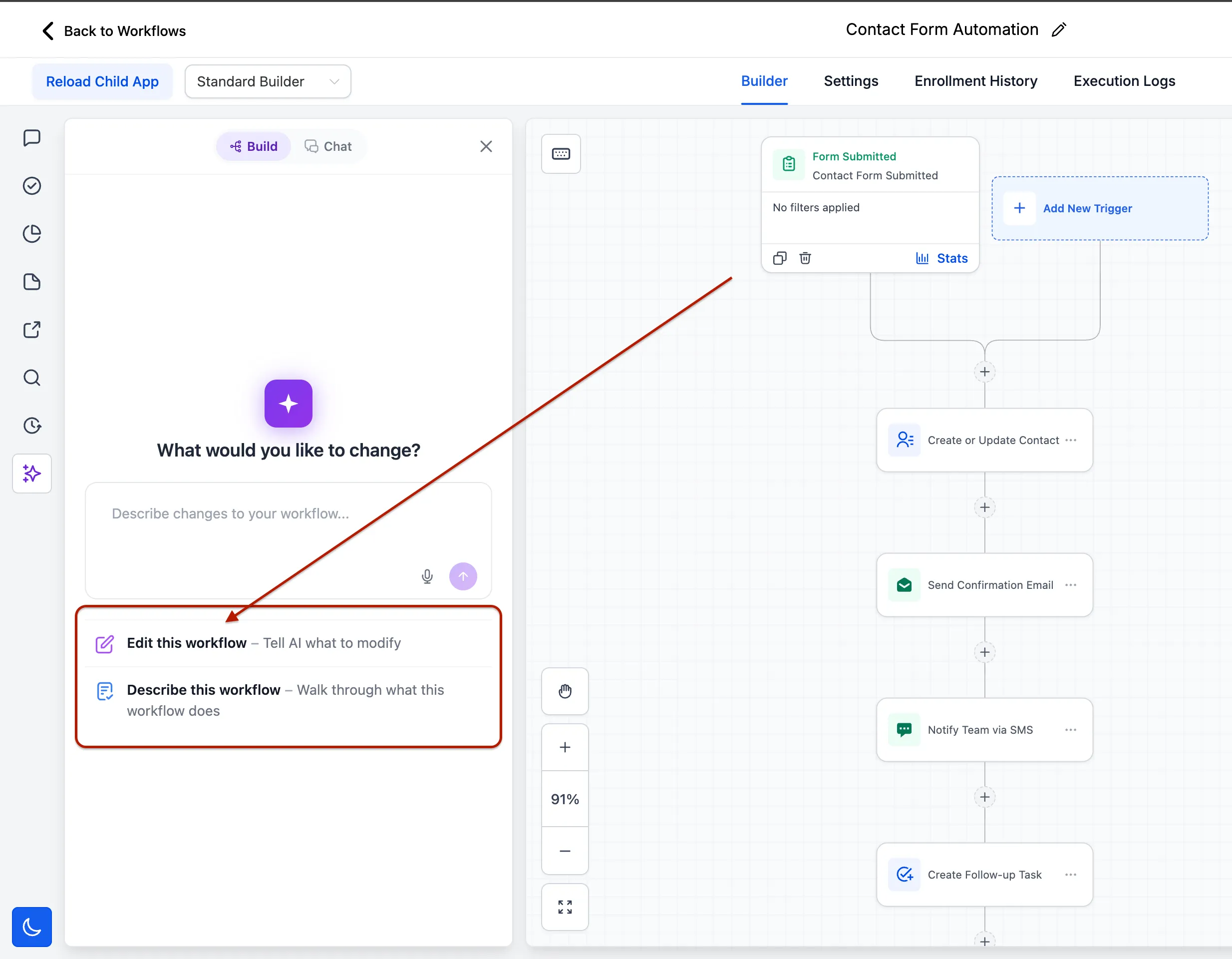 Workflow AI Builder sidebar with multi-edit prompt