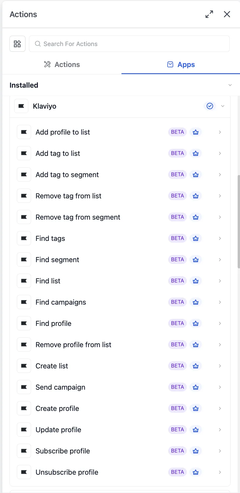 Klaviyo action options in workflows