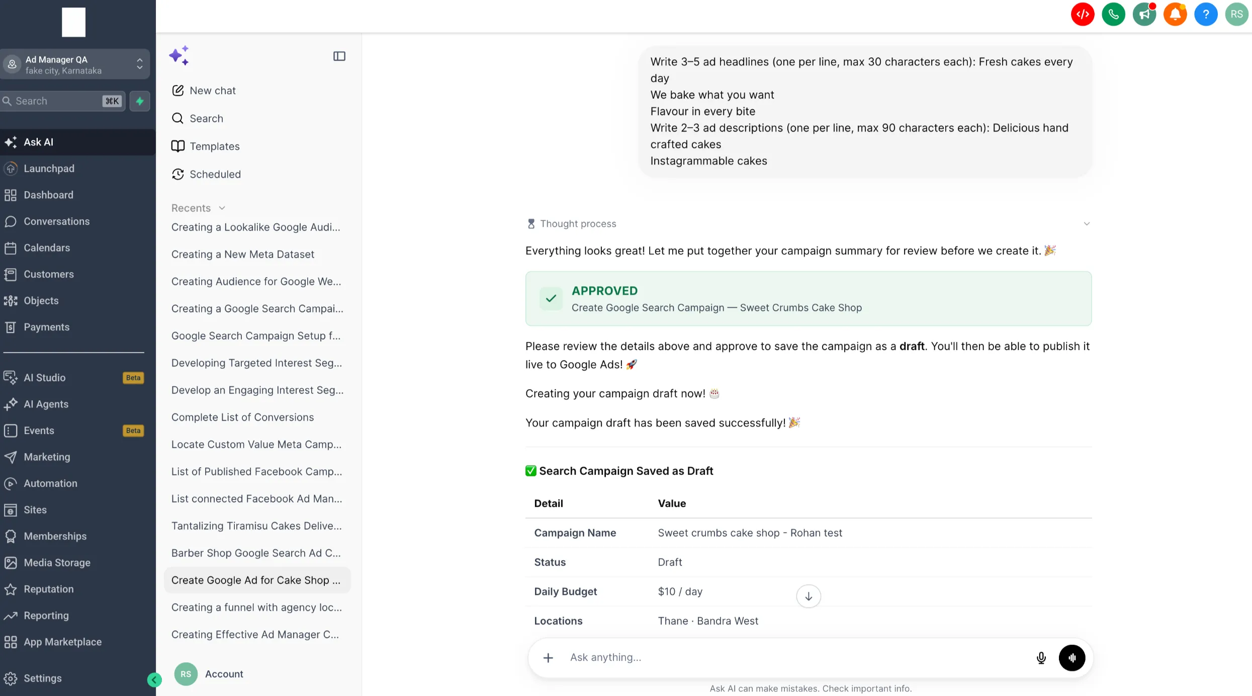 Ask AI advertising workflow