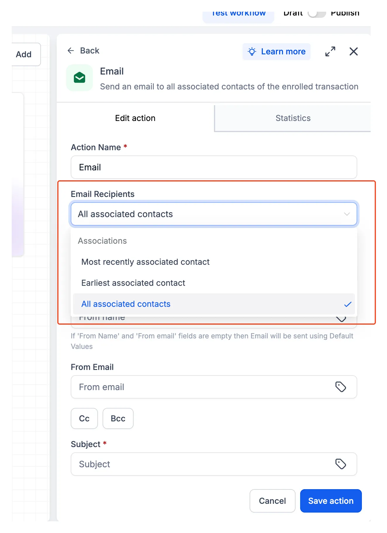 Email action recipient settings