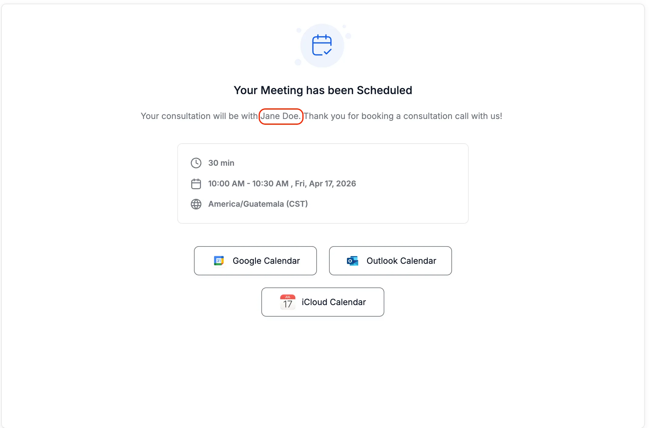 Calendar confirmation page