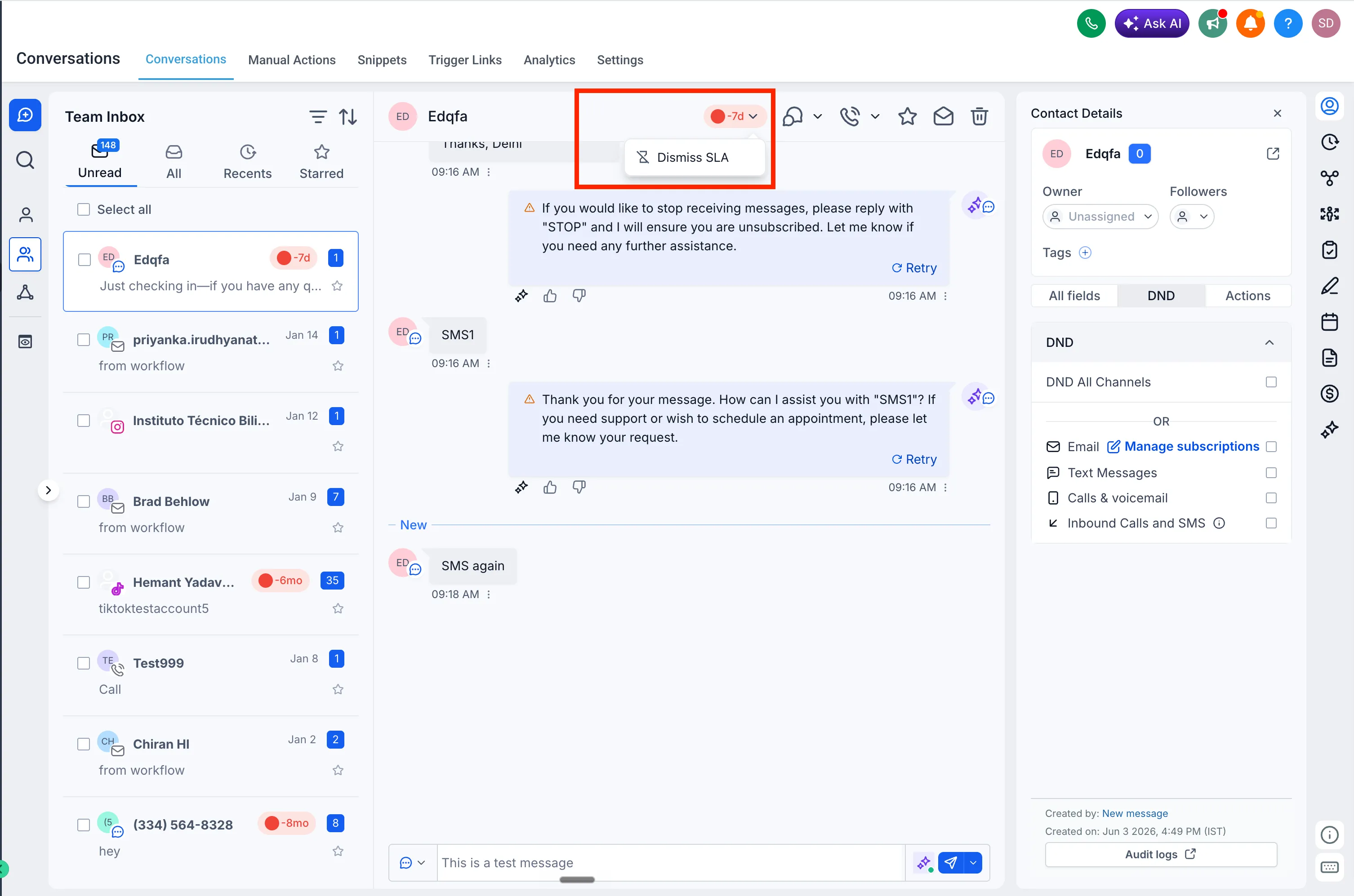Dismiss SLA from the conversation timer