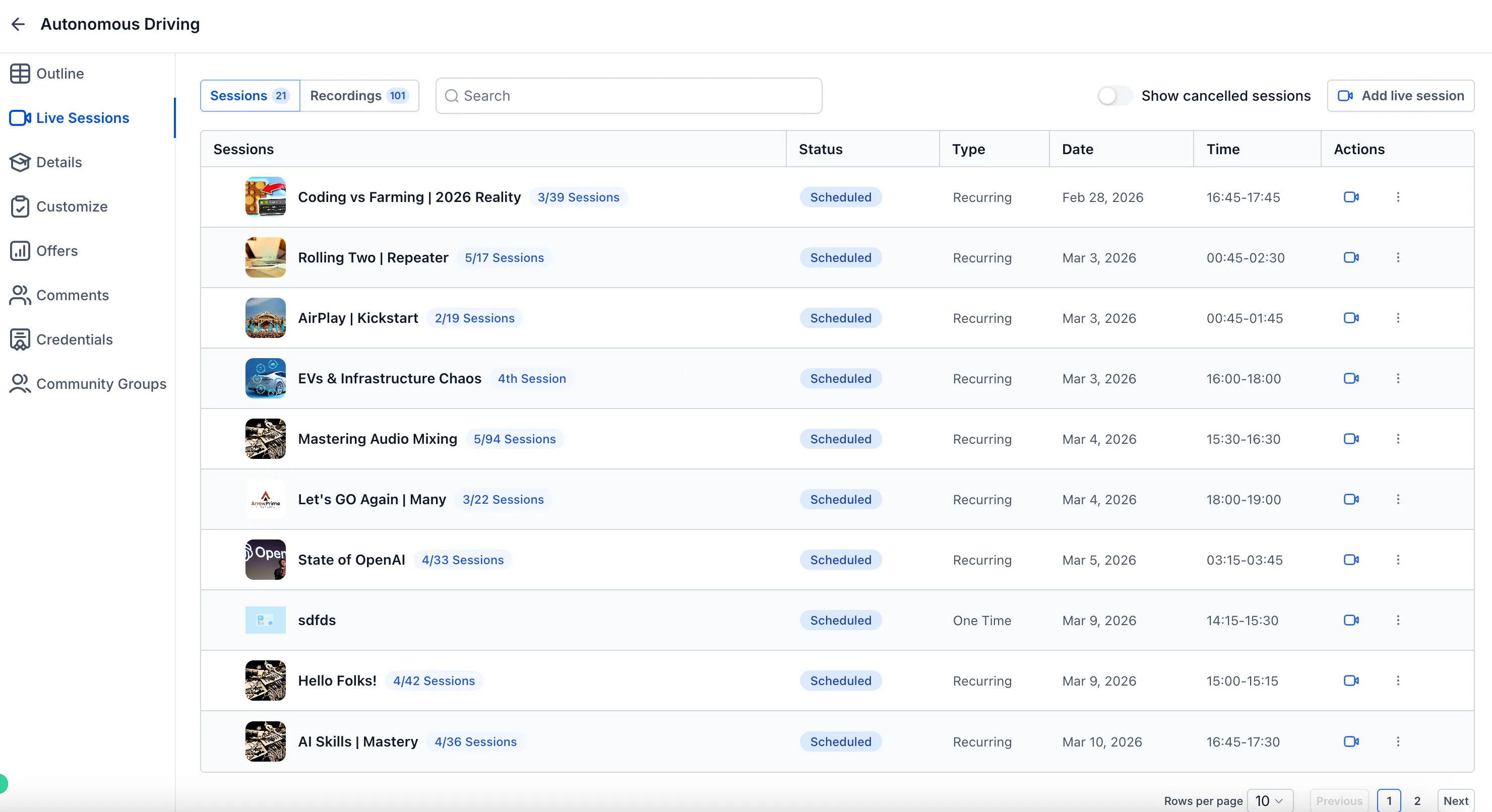 Live session recordings in courses
