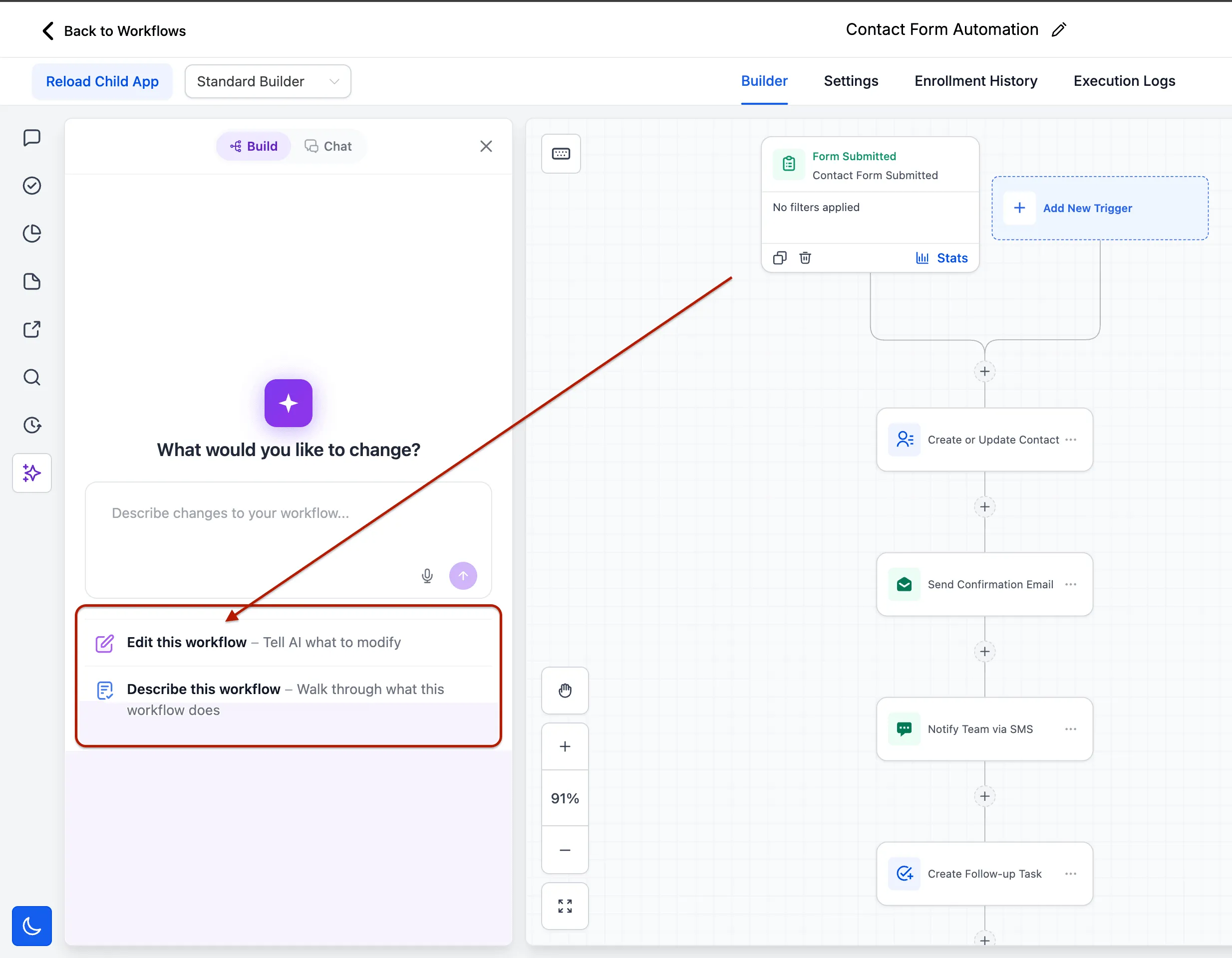 Workflow AI Builder sidebar with multi-edit prompt