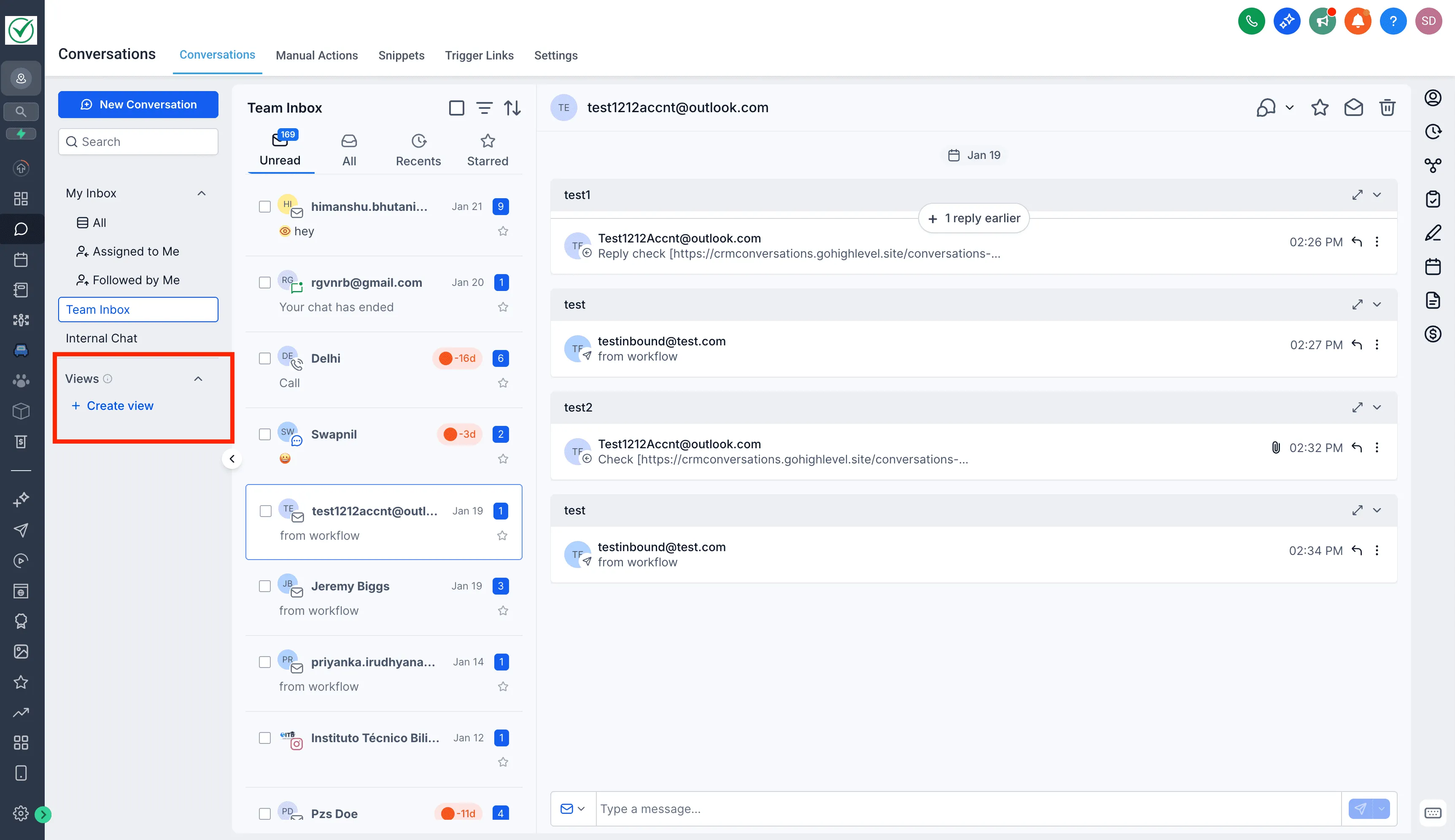 Views section in SMBcrm Inbox showing Create View option