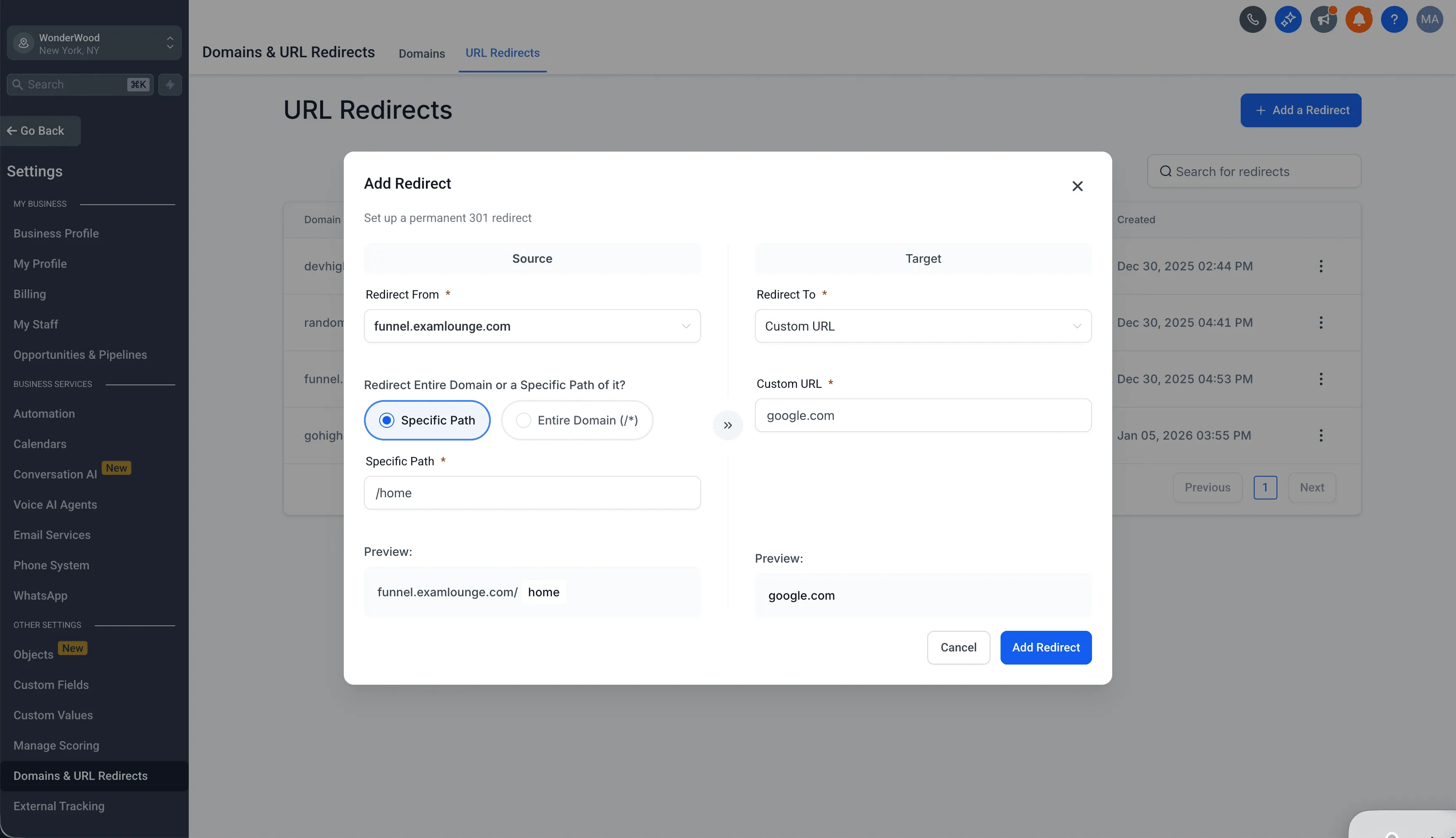 URL redirect configuration with source and destination fields in SMBcrm
