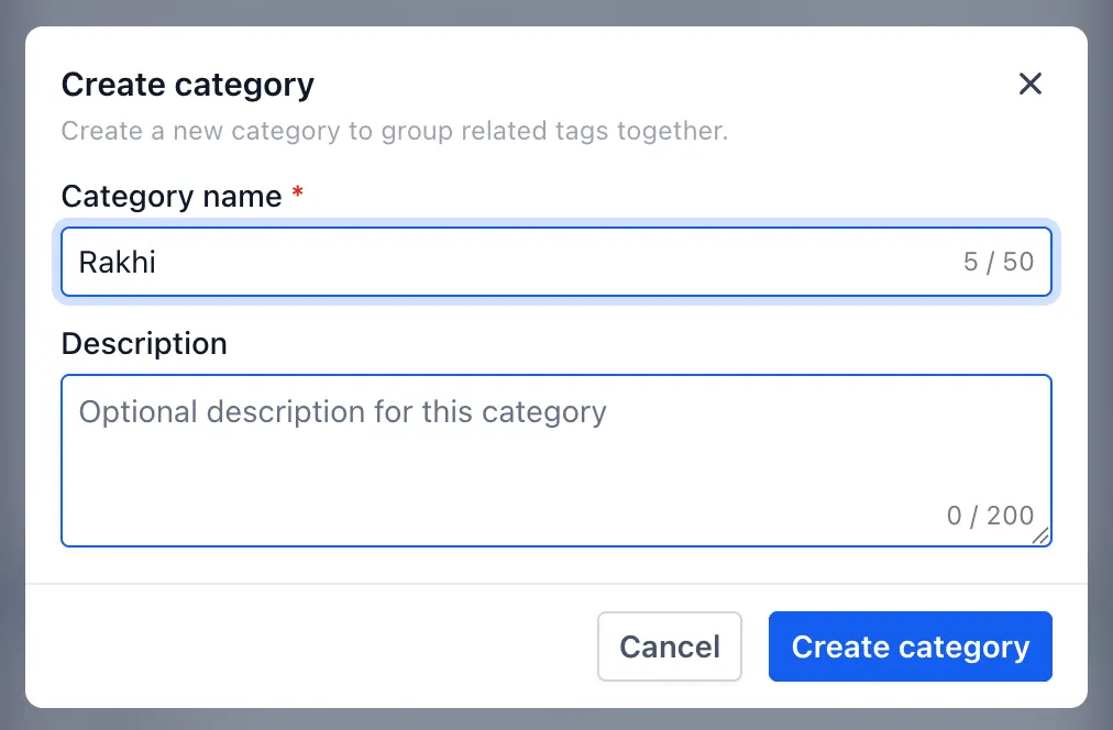 Create Category dialog with name and description fields