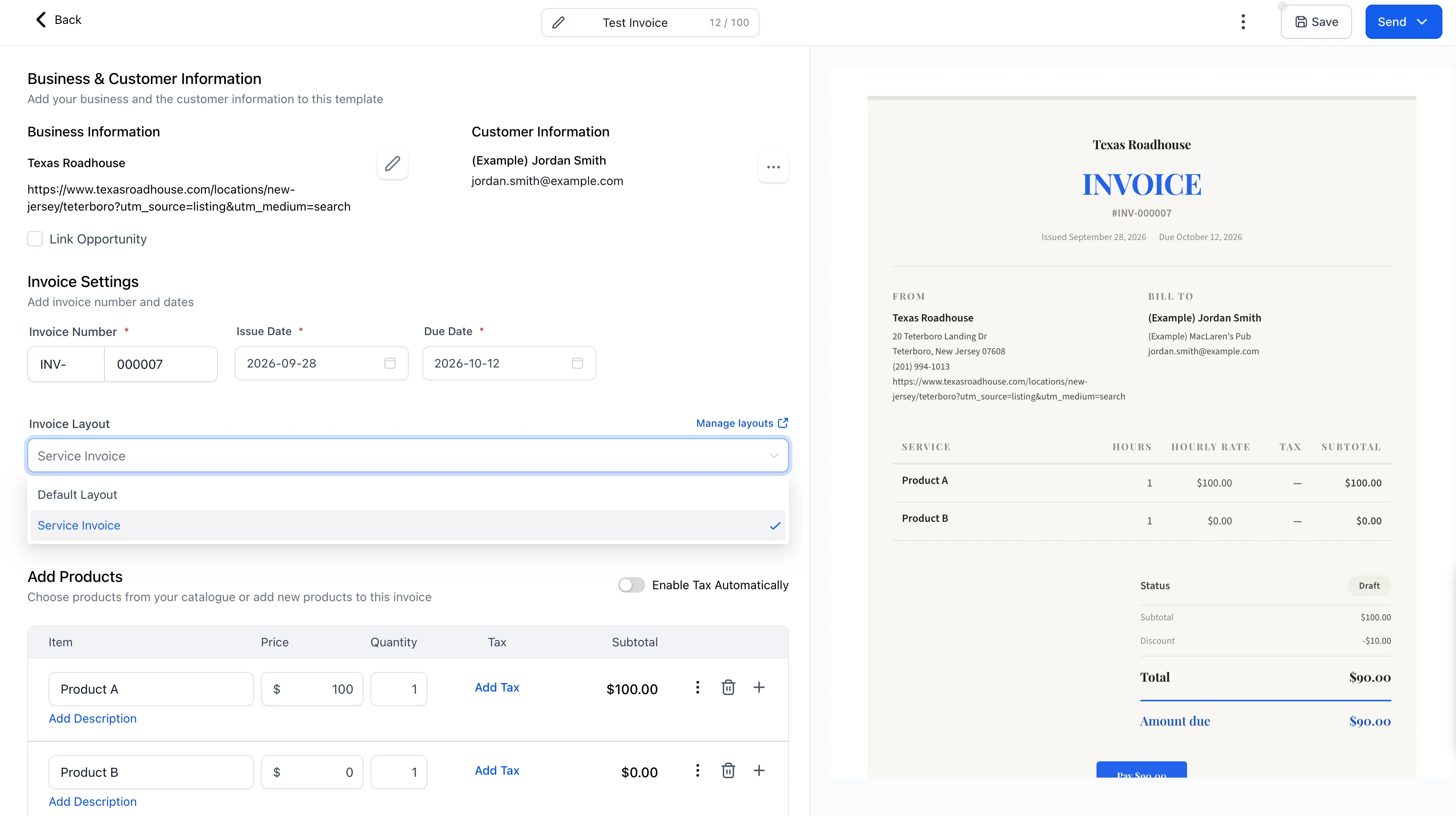 Invoice editor with a custom layout selected and preview beside customer fields