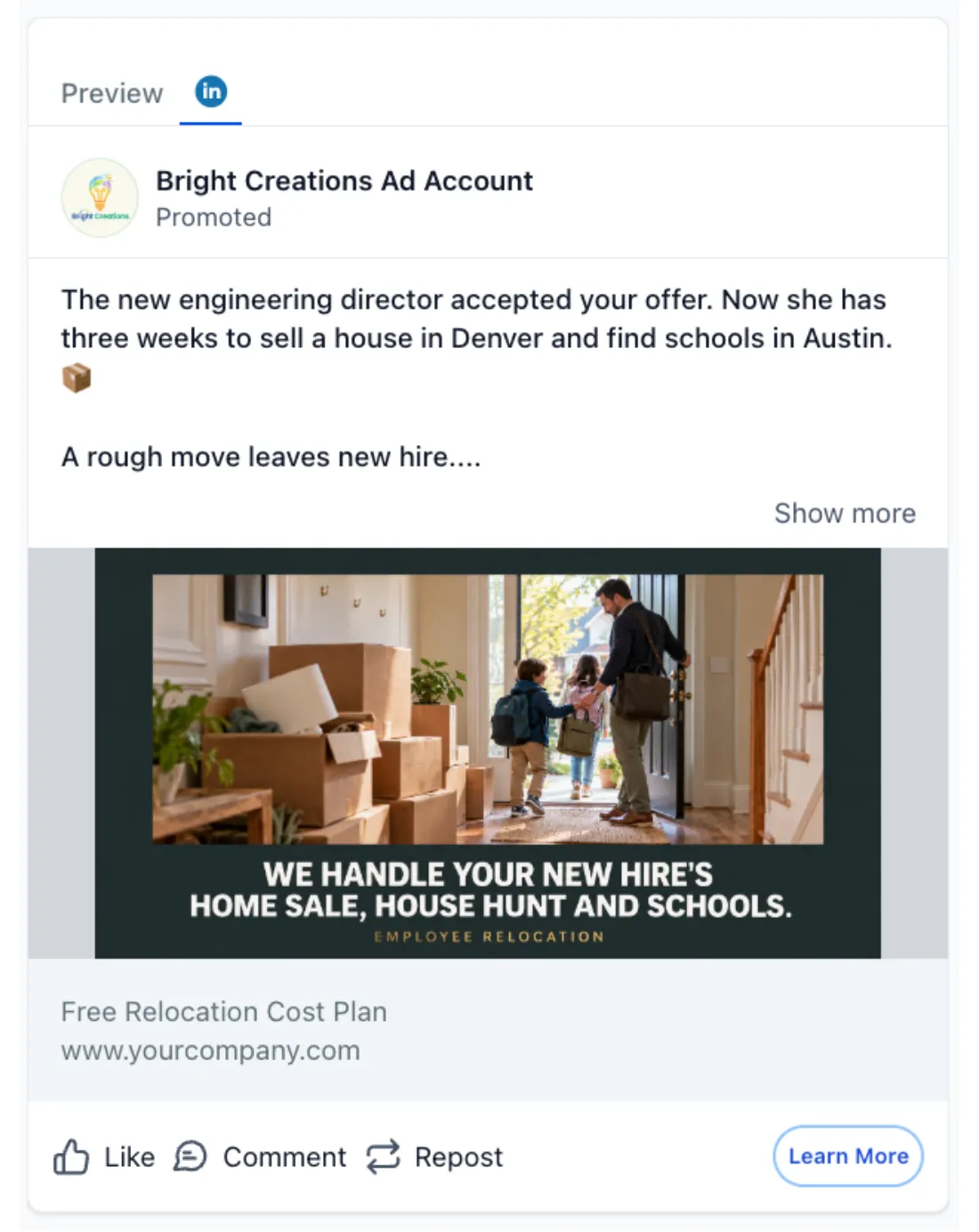 Corporate Relocation Specialist - LinkedIn Ad