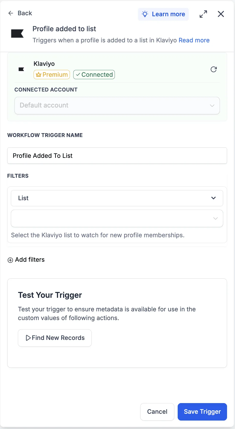 Klaviyo profile added to list trigger setup