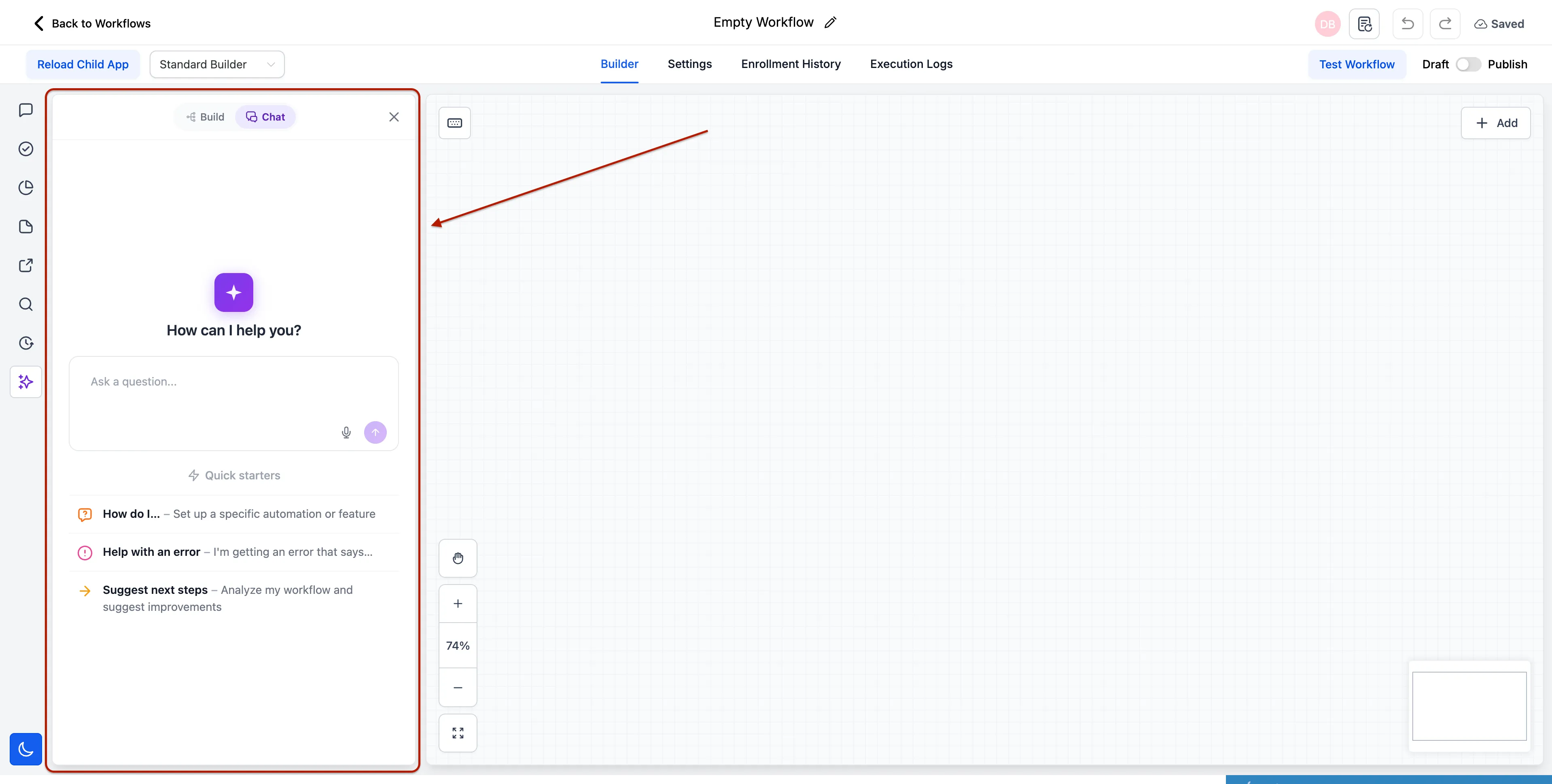 Workflow AI Builder Learn Mode response with related follow-ups
