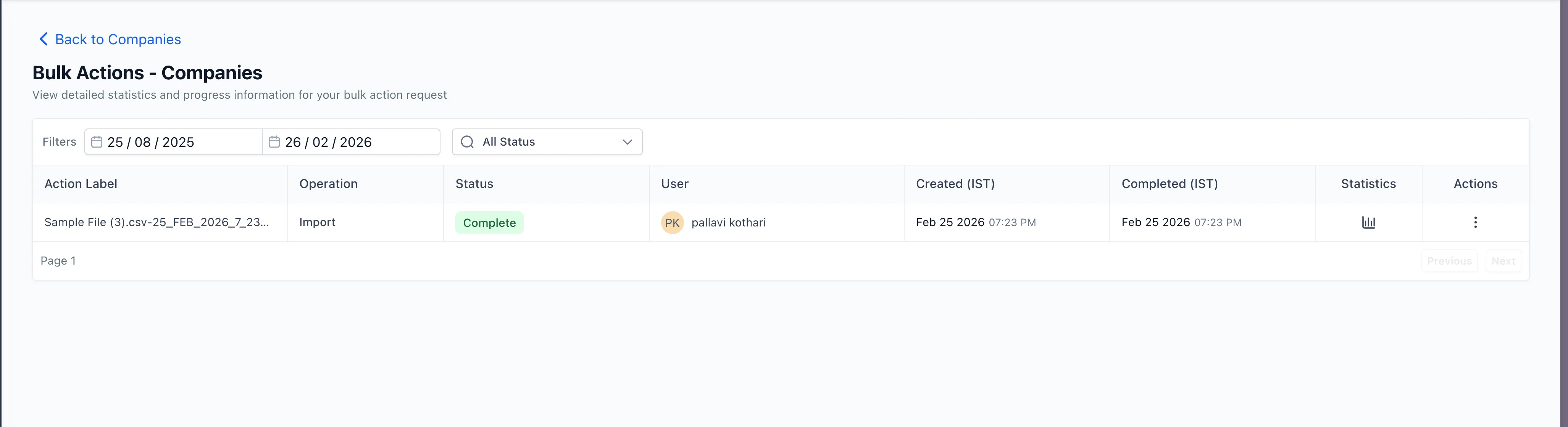 Bulk Actions tracking for company imports