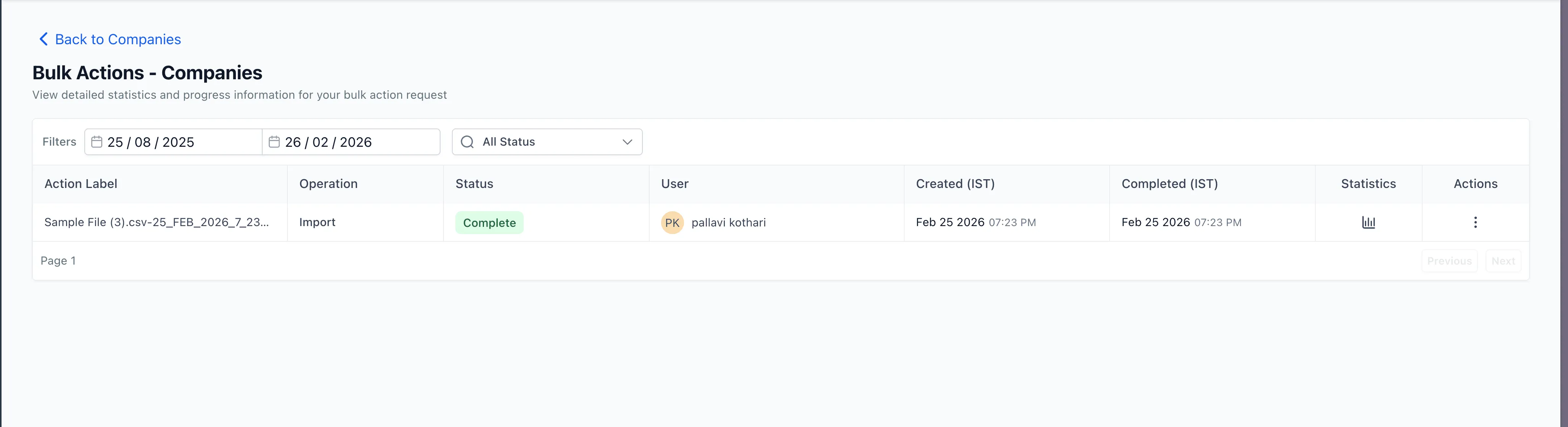 Bulk Actions tracking for company imports