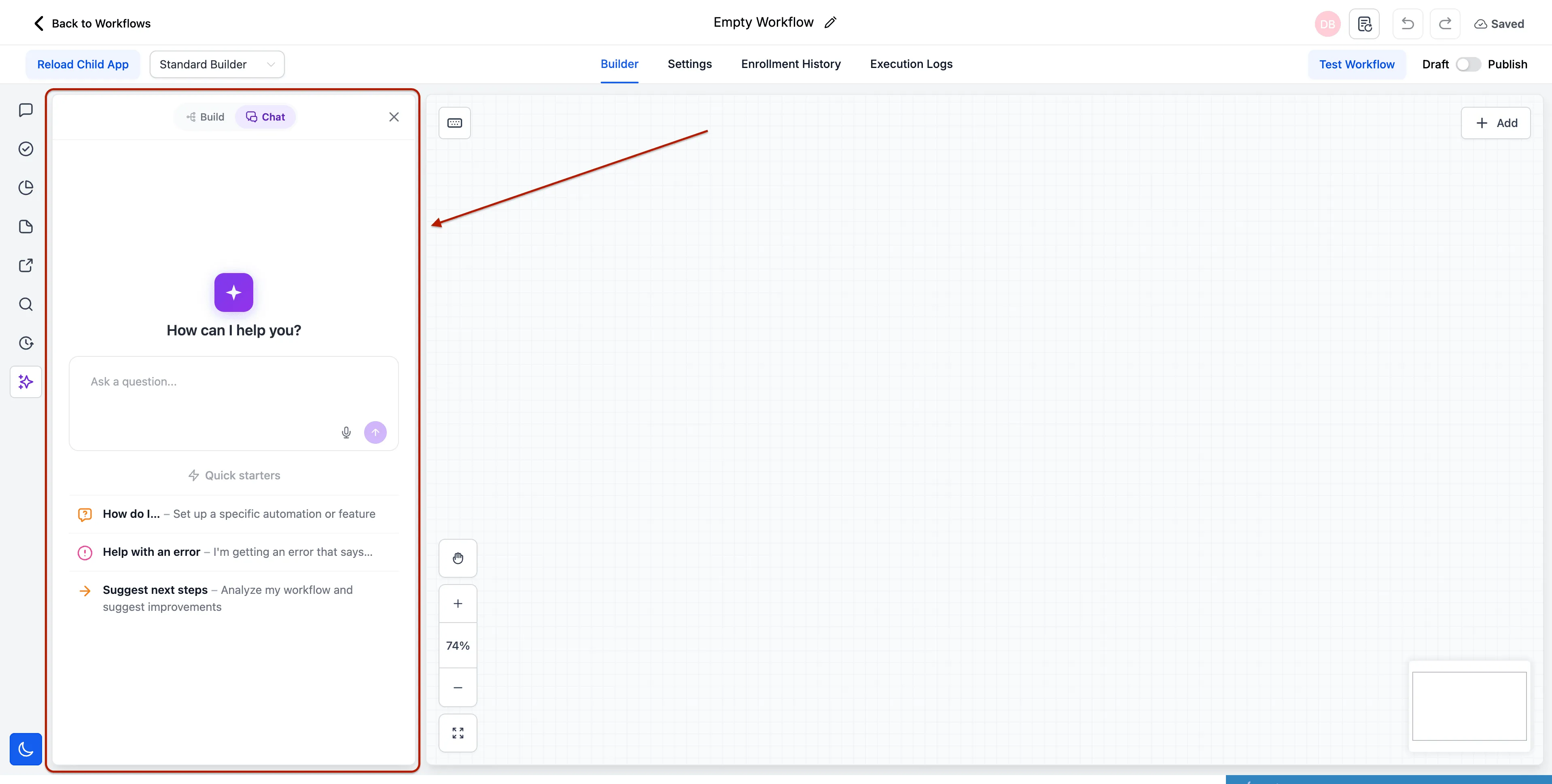 Workflow AI Builder Learn Mode response with related follow-ups