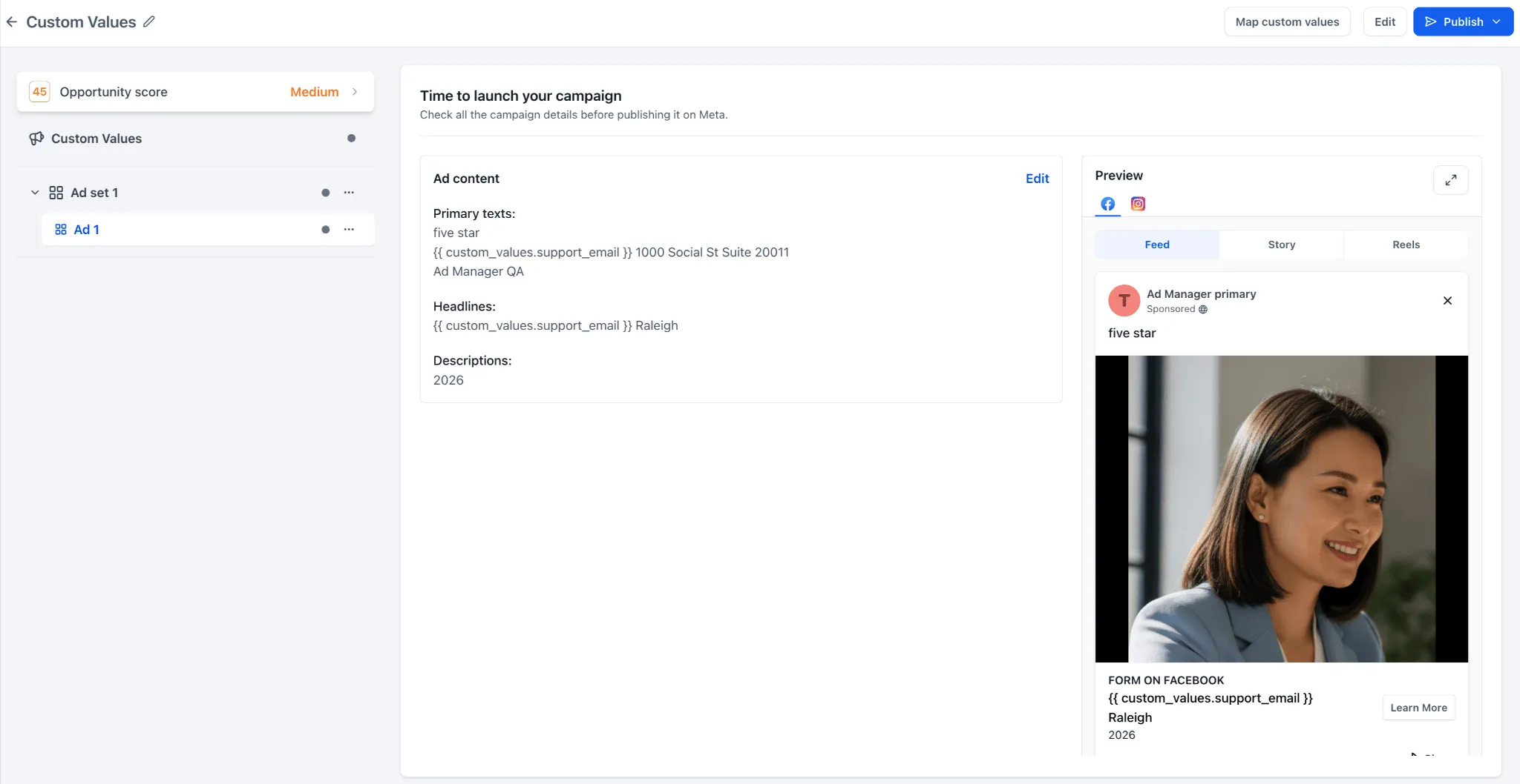 Resolved ad copy preview