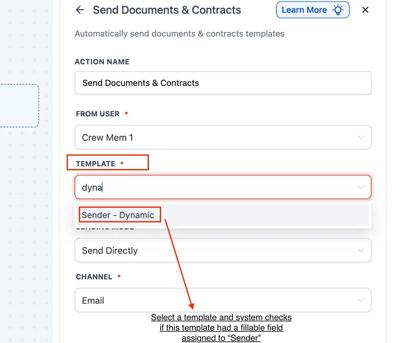 Template and field selection in Send Documents and Contracts workflow action