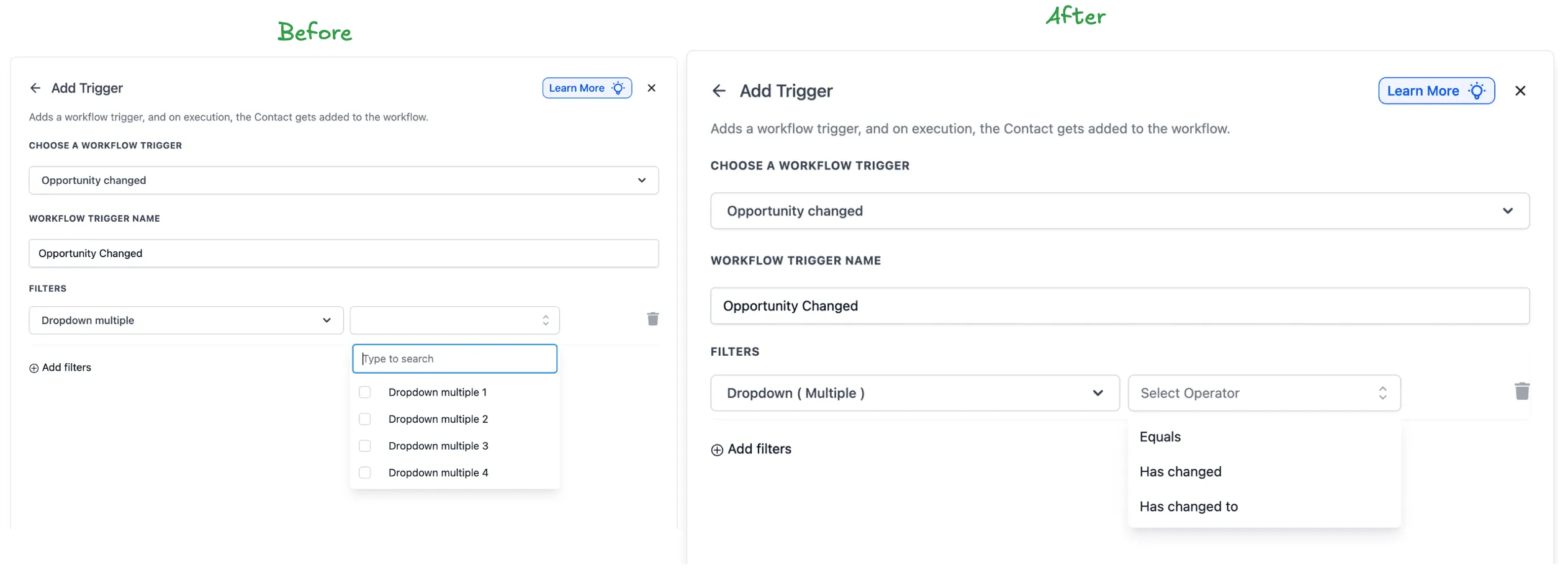 Custom field trigger with Has Changed To operator in SMBcrm Workflows