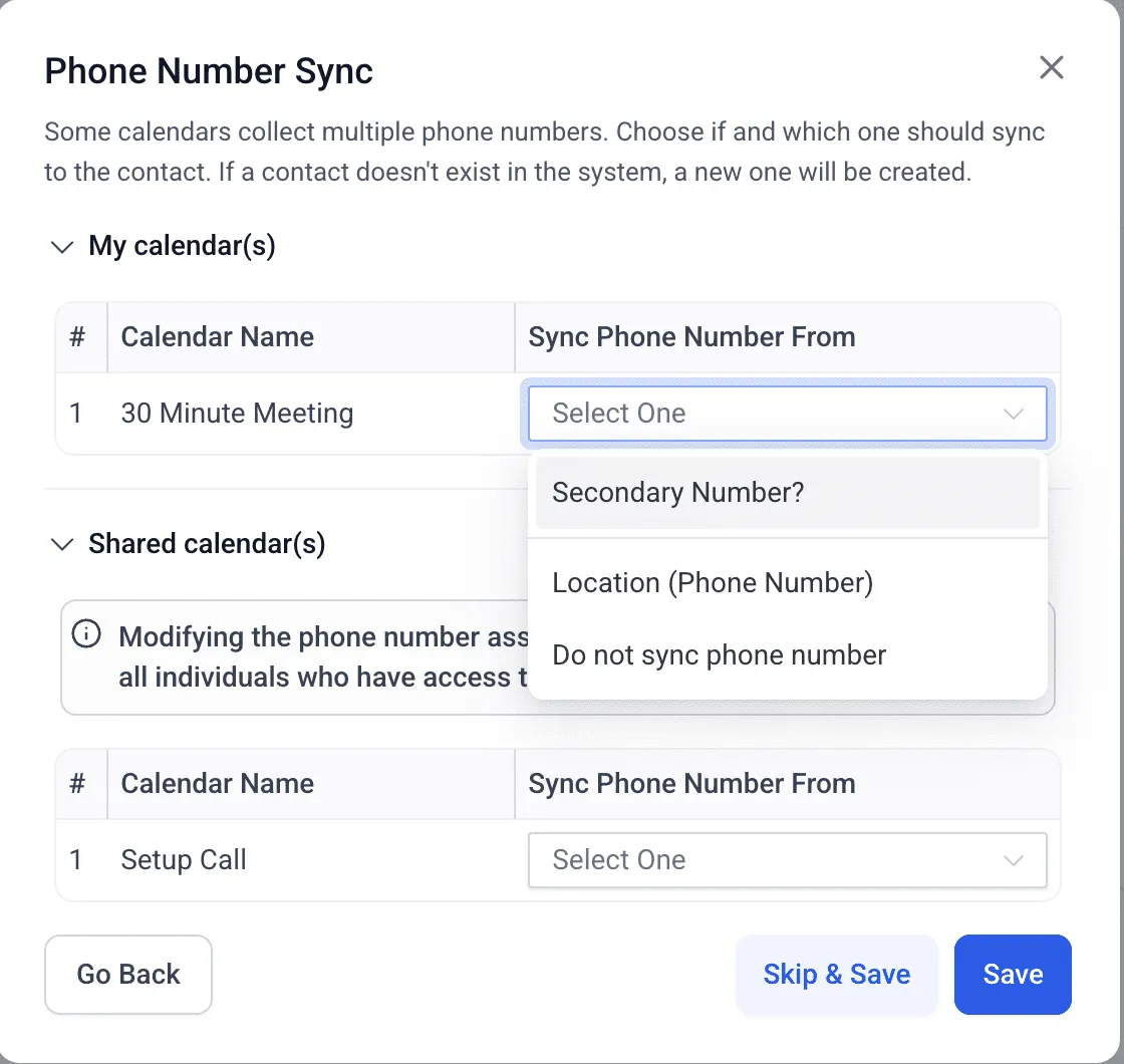 Phone number field mapping screen in Calendly integration for SMBcrm contacts
