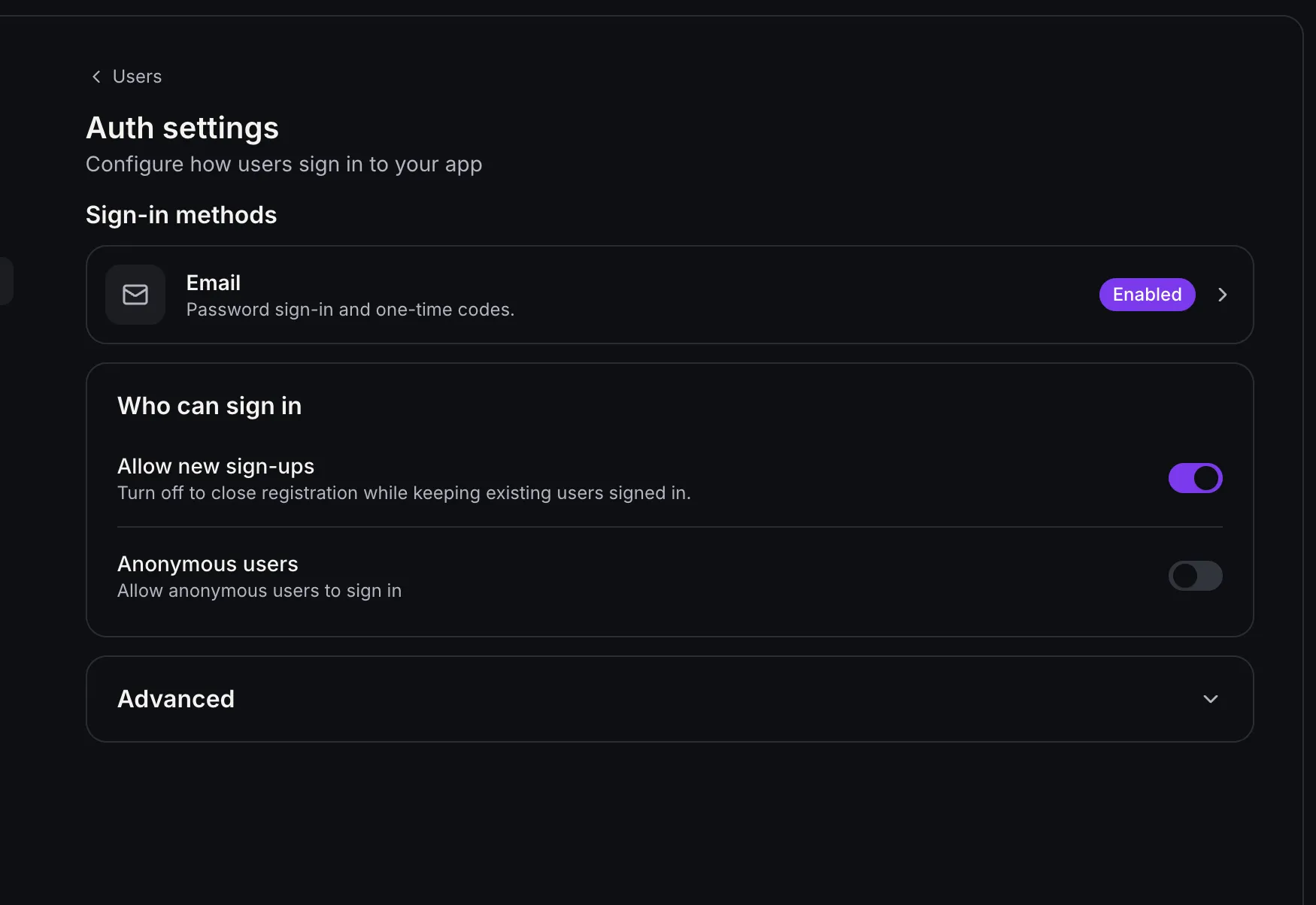 Authentication settings for email sign-in, new registrations, and anonymous users