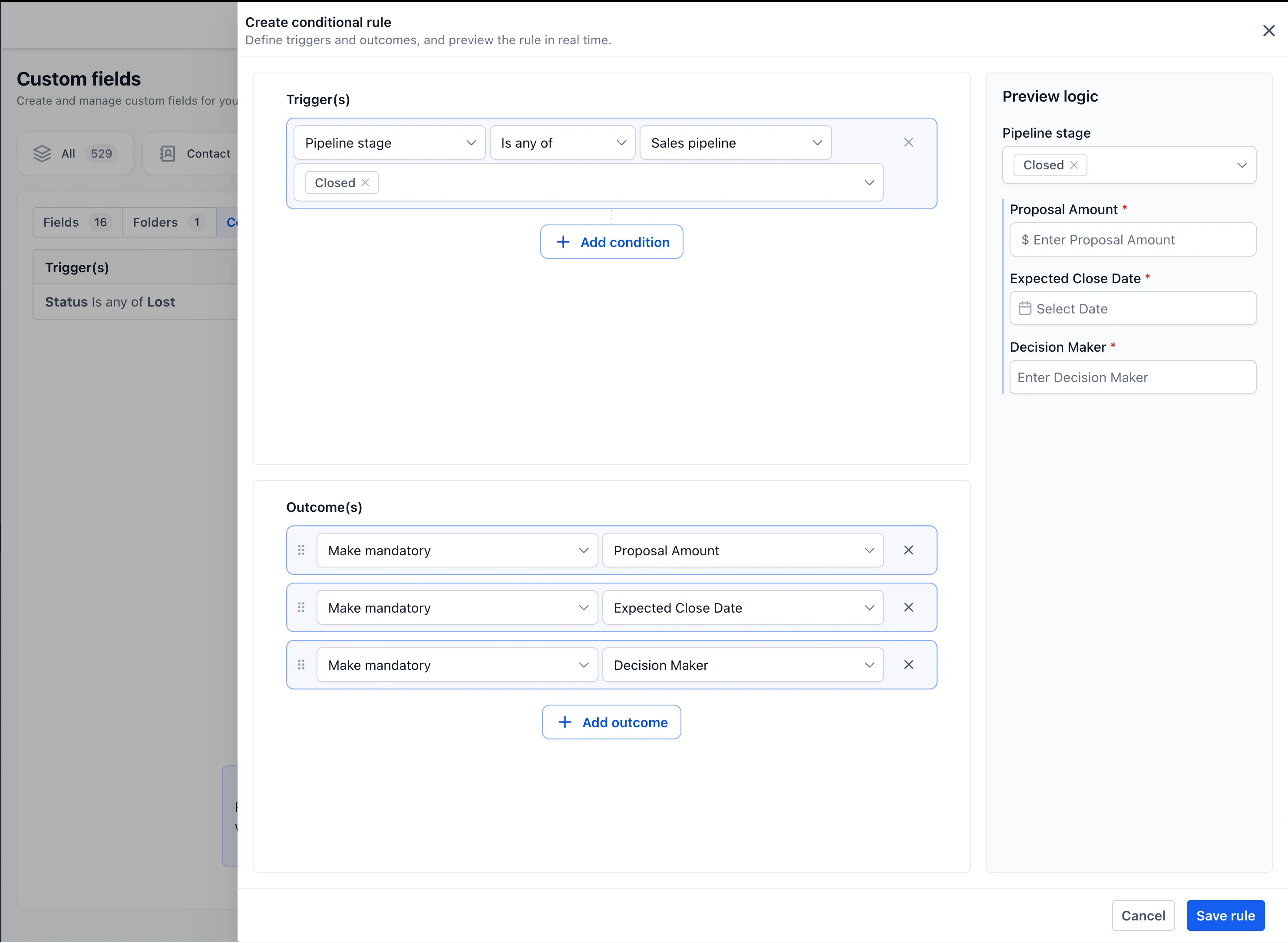 Conditional rules setup for opportunity fields
