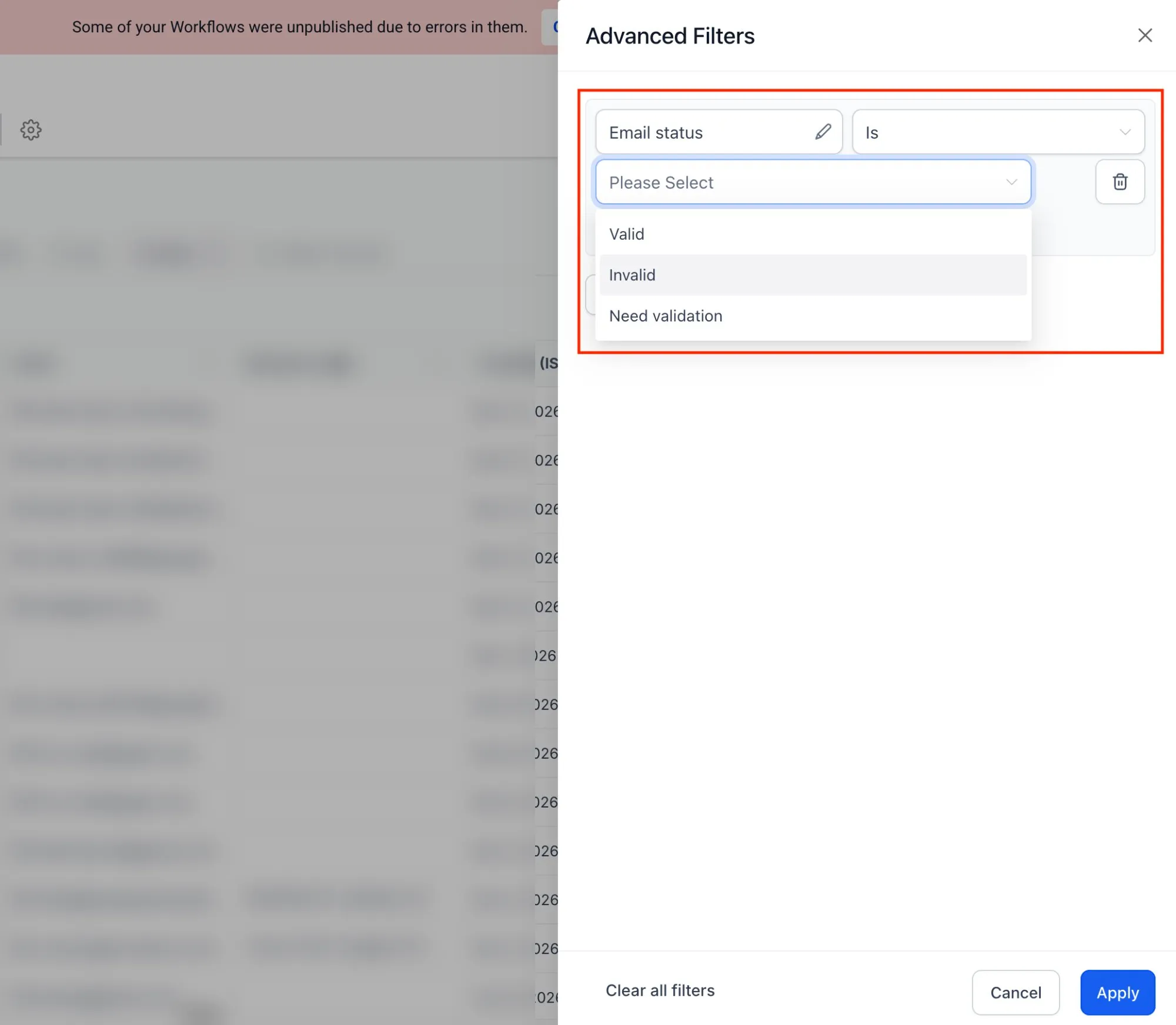 Email and WhatsApp status filters