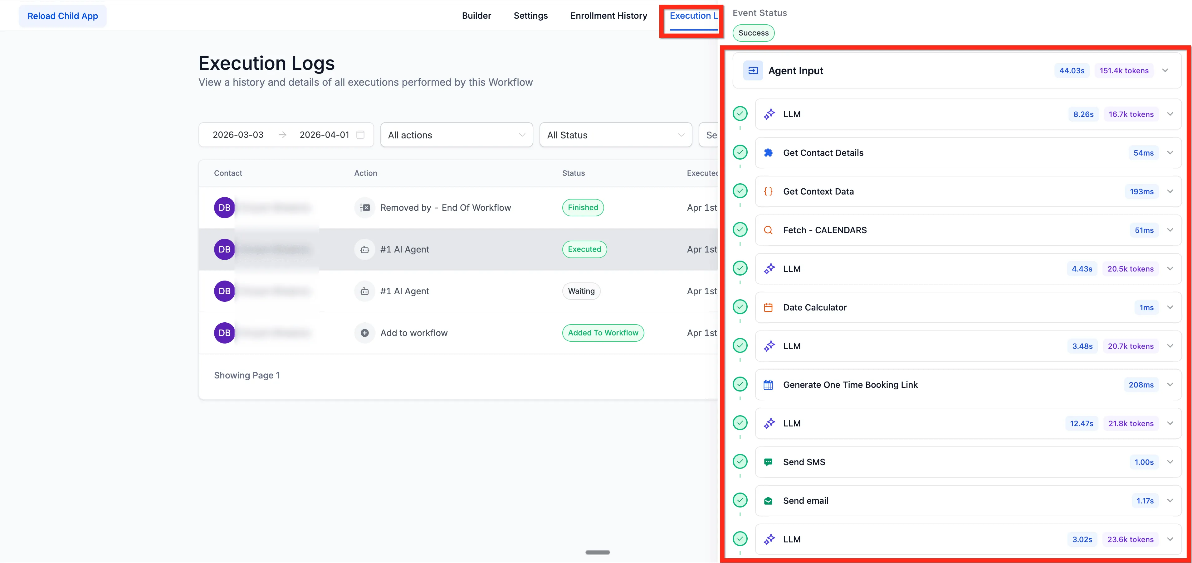 Execution log view
