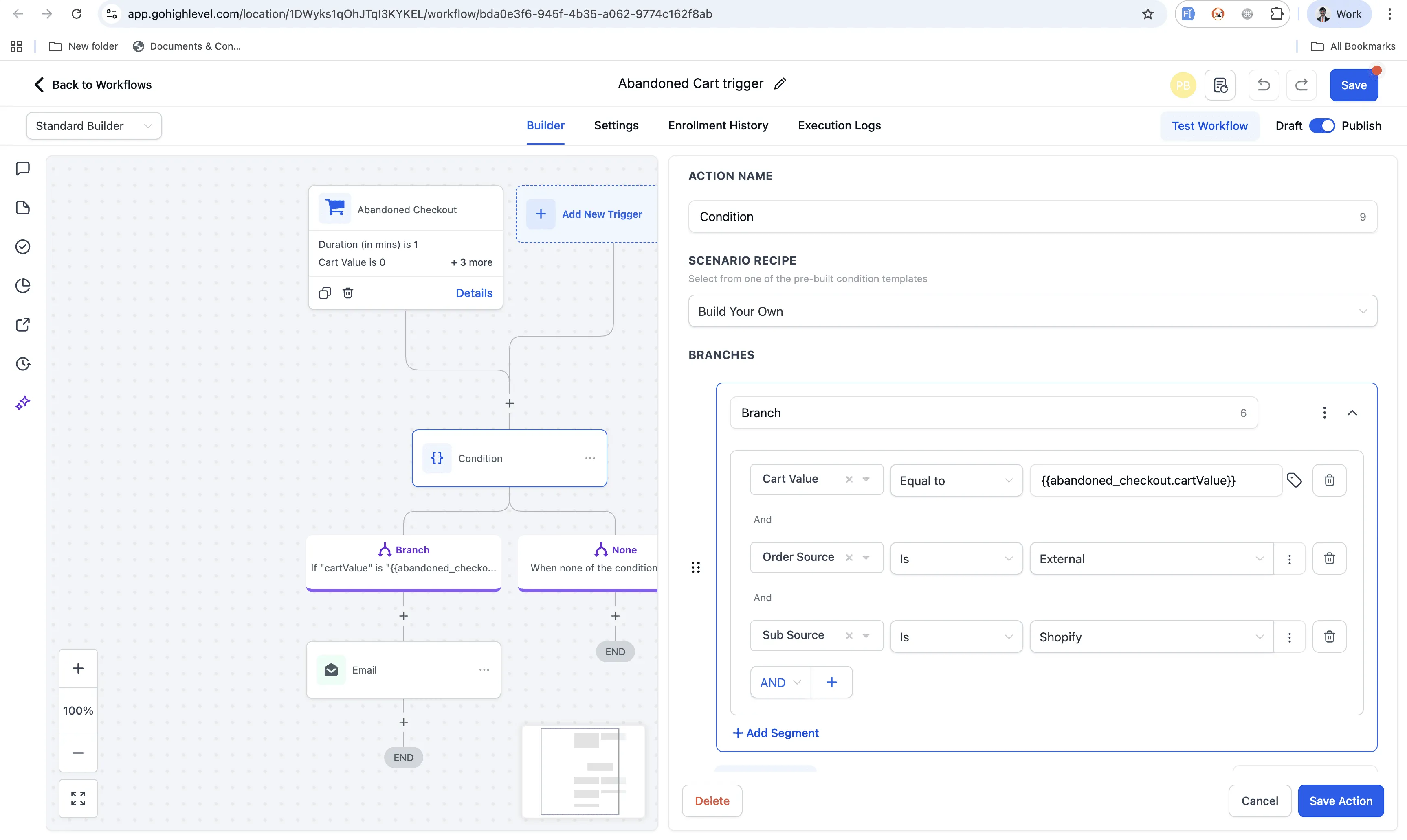 Filter options by cart value, country, and products for abandoned checkout trigger