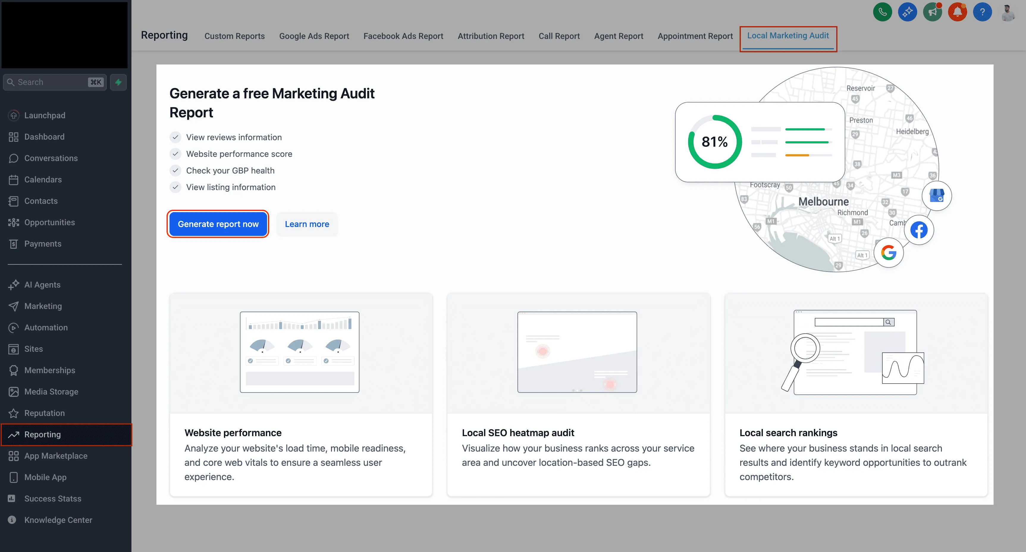 Local Marketing Audit report overview in SMBcrm Reporting
