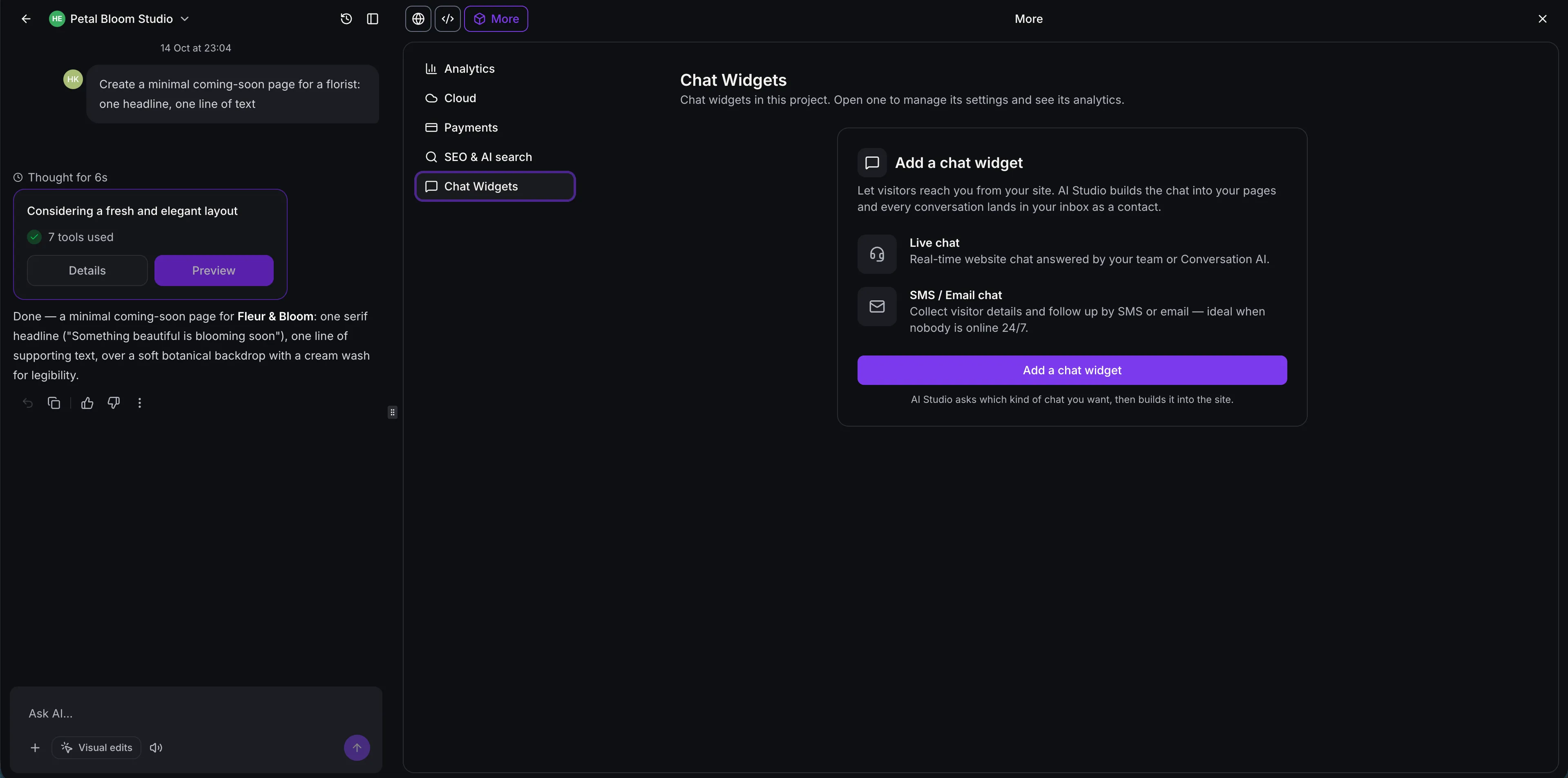 Chat Widgets tab in AI Studio