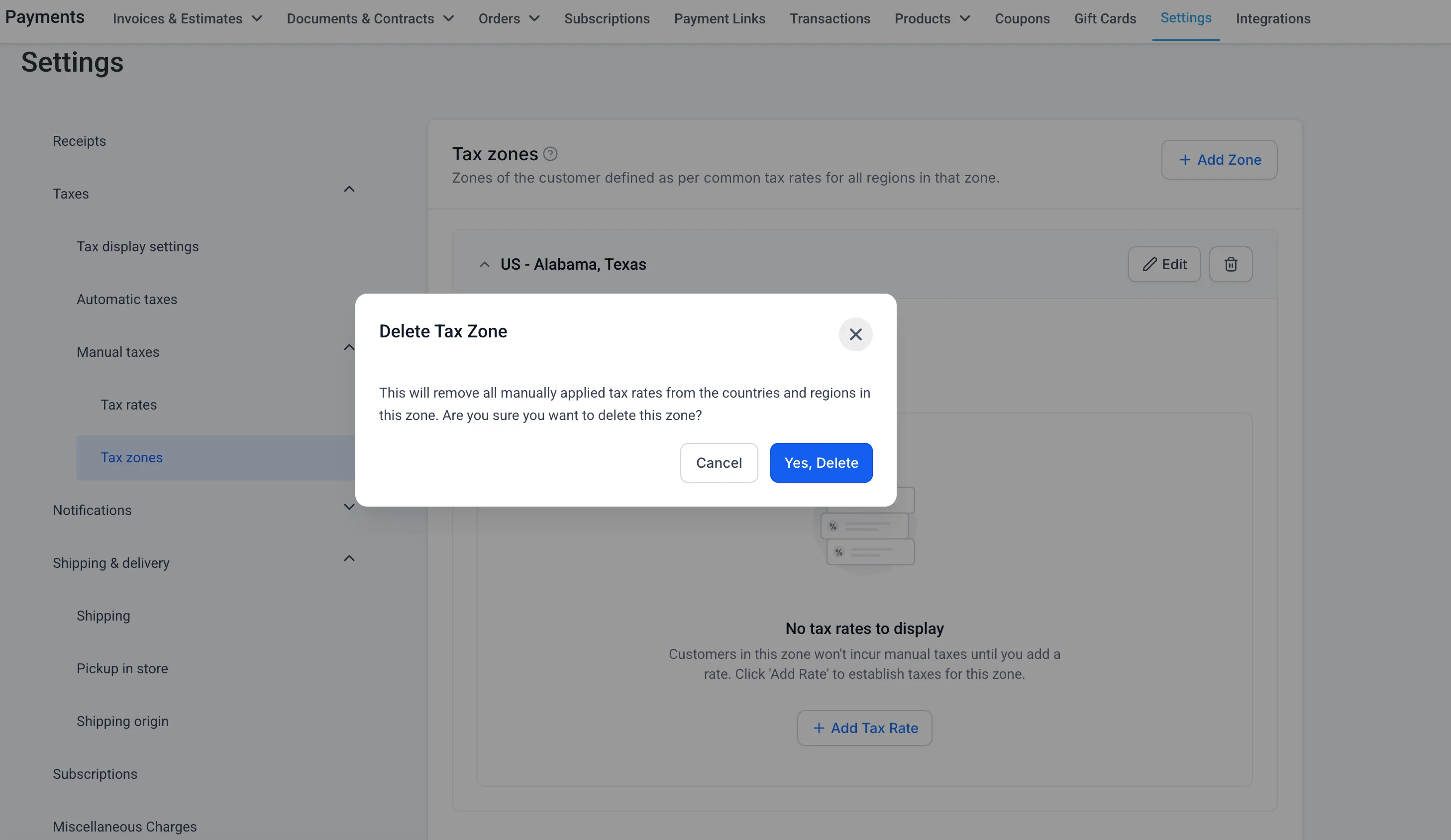 Delete Tax Zone confirmation explaining removal of its applied rates