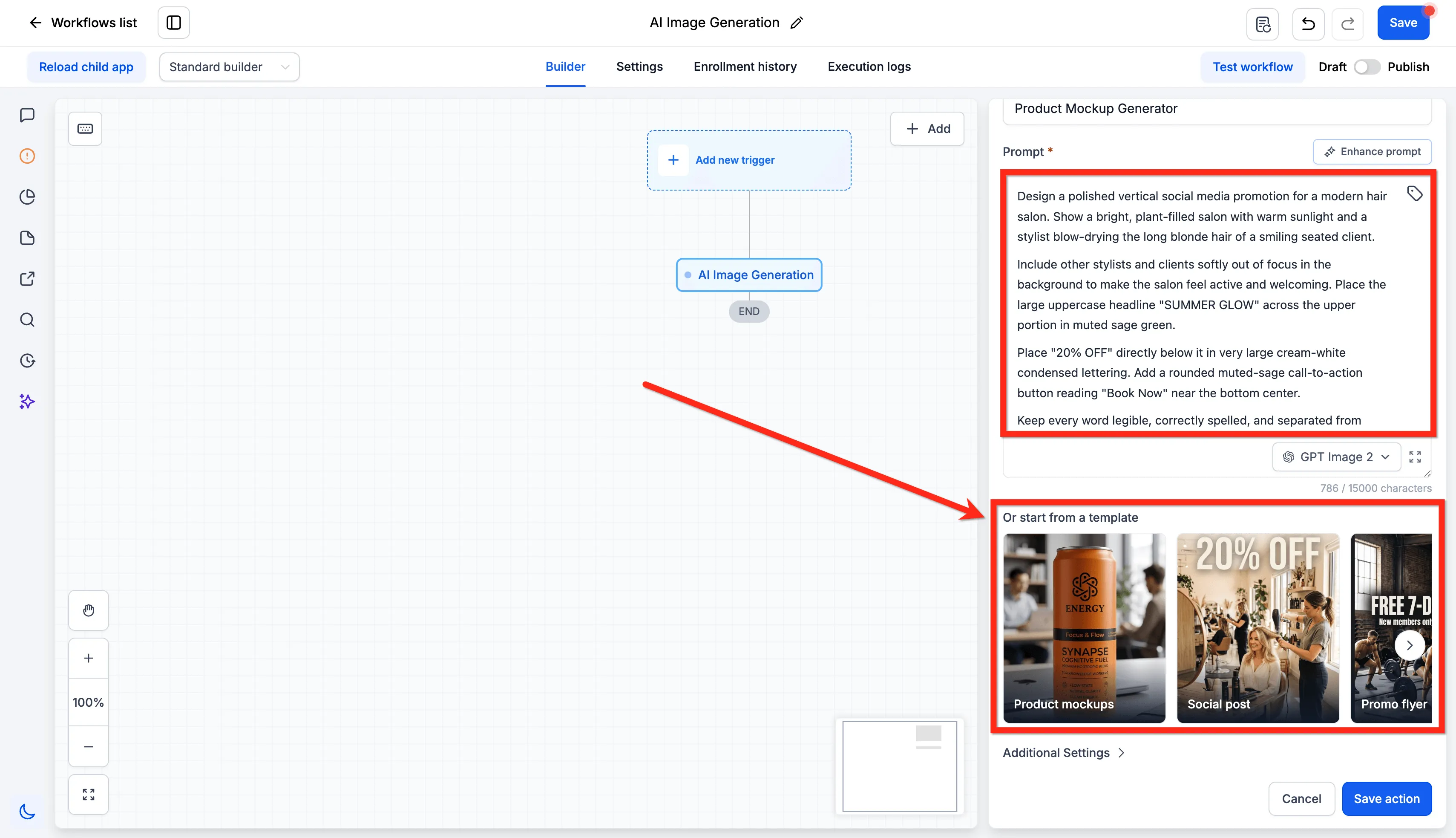 Workflow image generation prompt with example creative previews