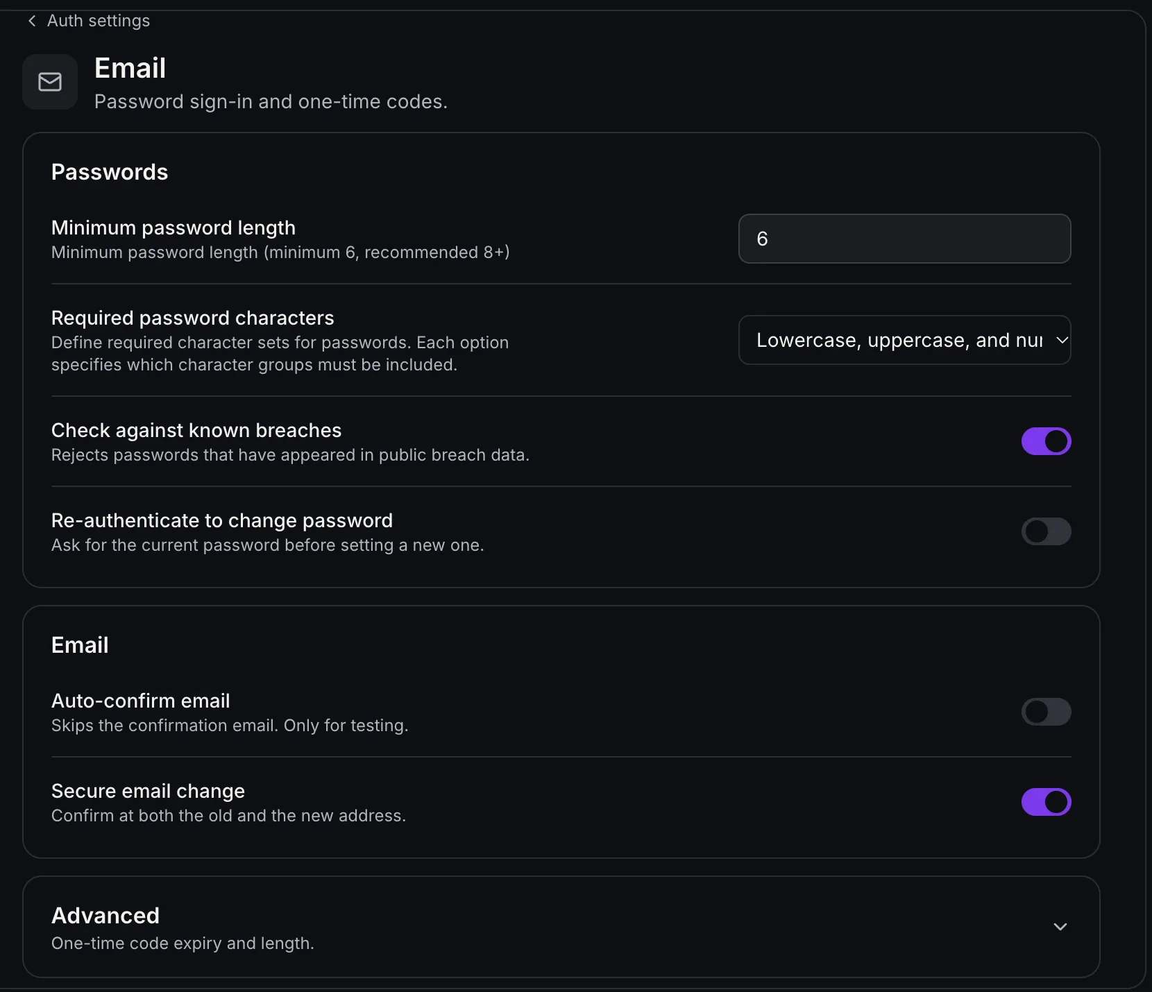 Email authentication controls for passwords, breach checks, and email confirmation