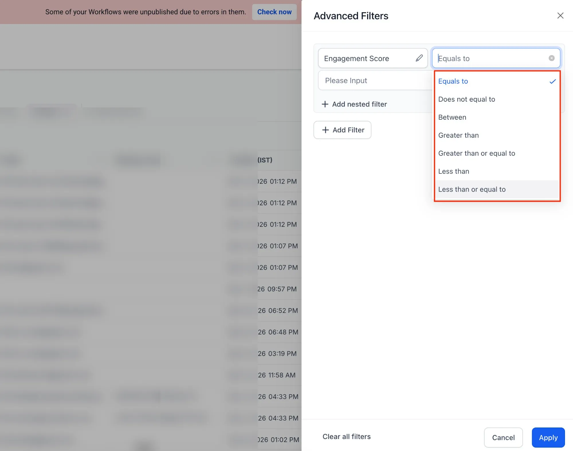 Numeric field filter options