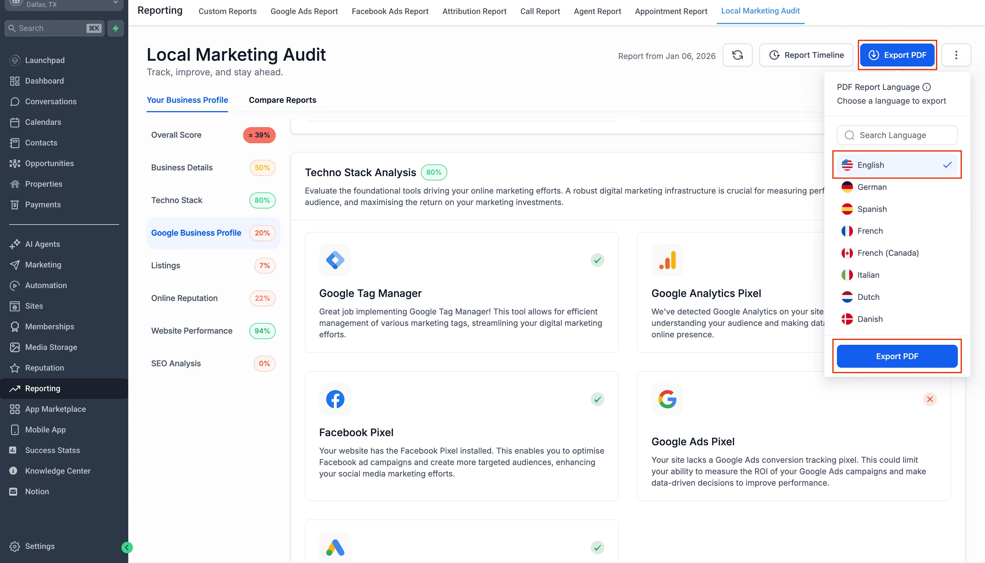 Export language selection dropdown for Local Marketing Audit PDF in SMBcrm