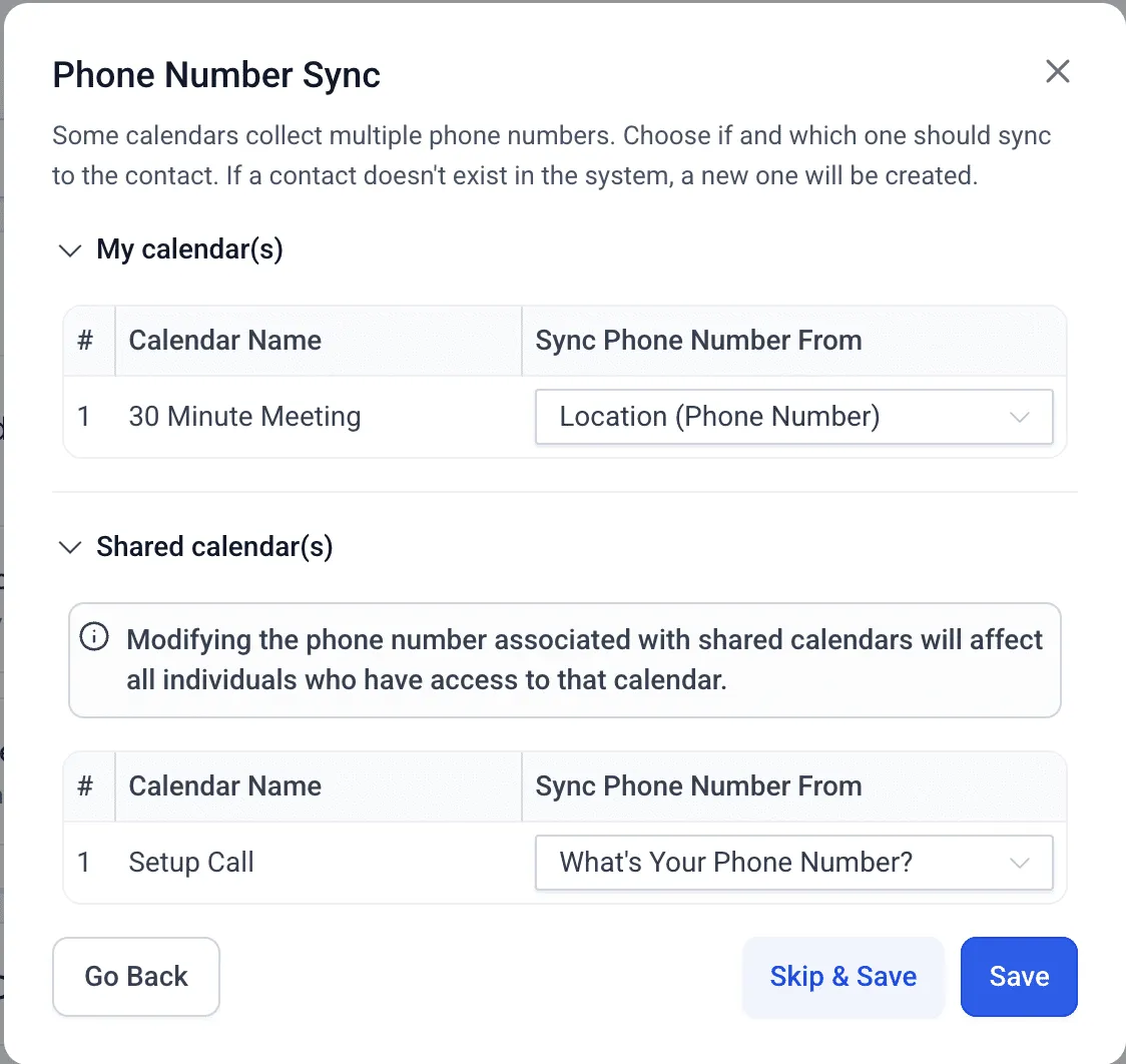 Location phone field selection in Calendly phone number mapping for SMBcrm
