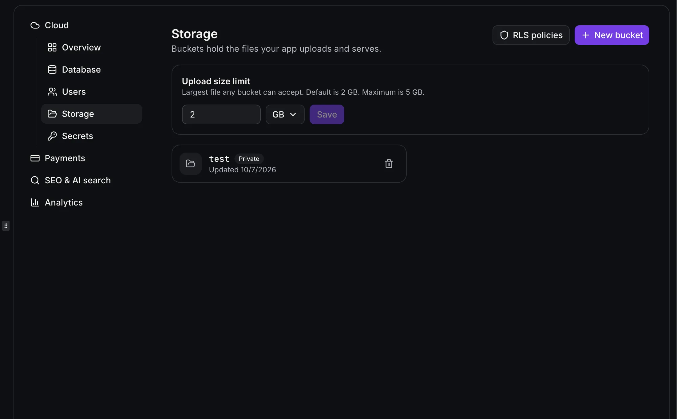 Cloud storage page with upload size limit and bucket list