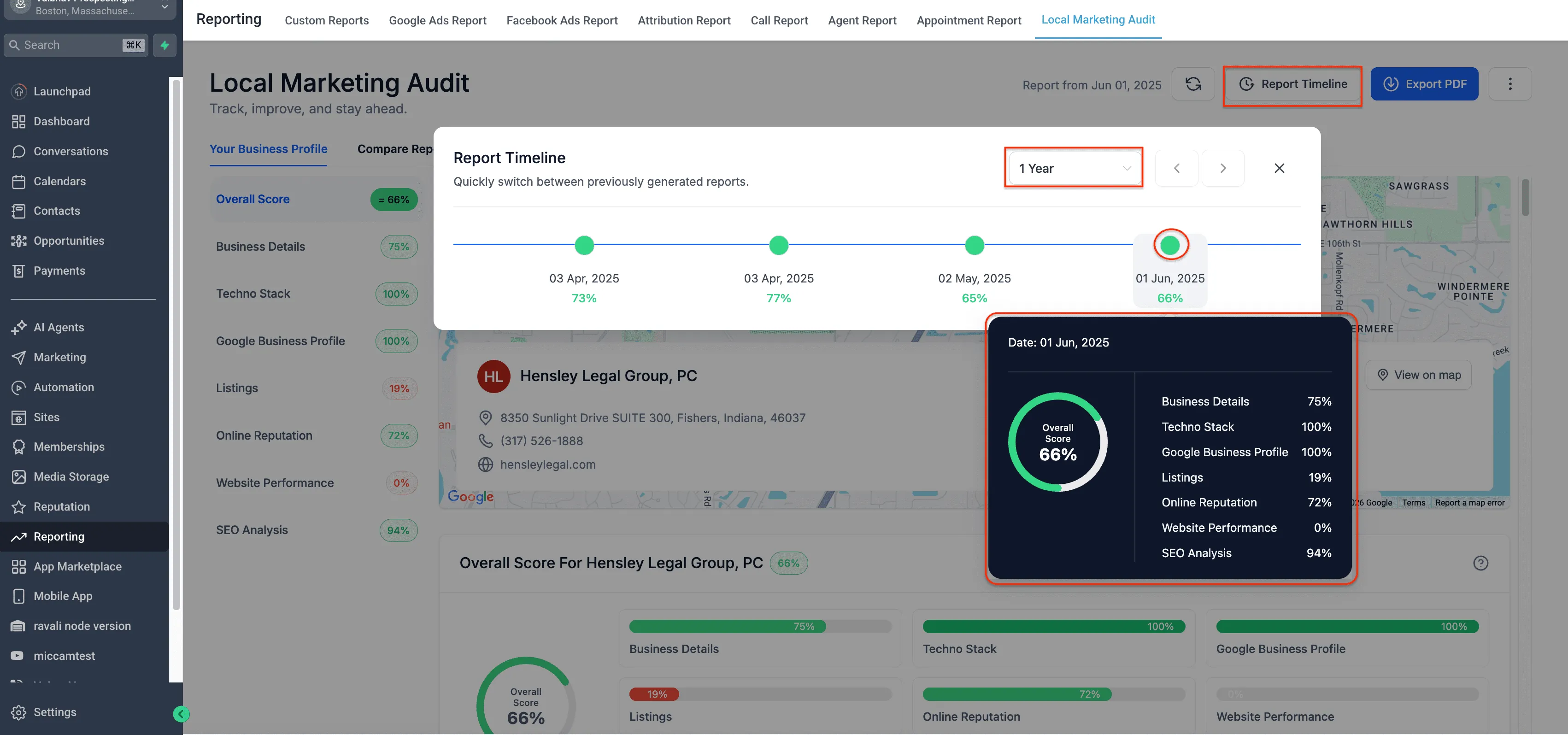 Interactive timeline showing Local Marketing Audit report history in SMBcrm