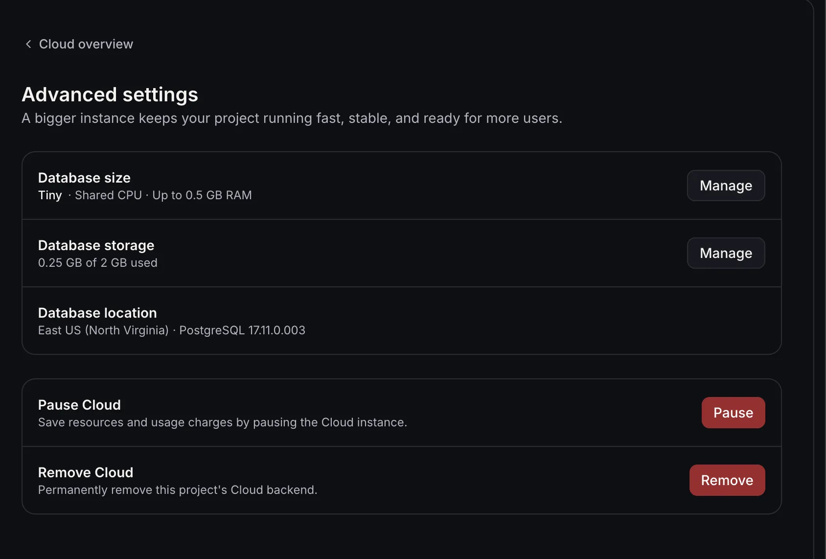 Cloud settings for database size, storage, location, pausing, and removal