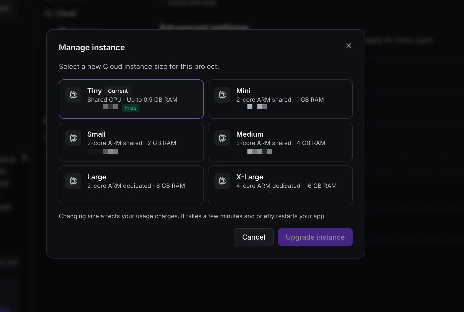 Manage instance dialog comparing Cloud database sizes