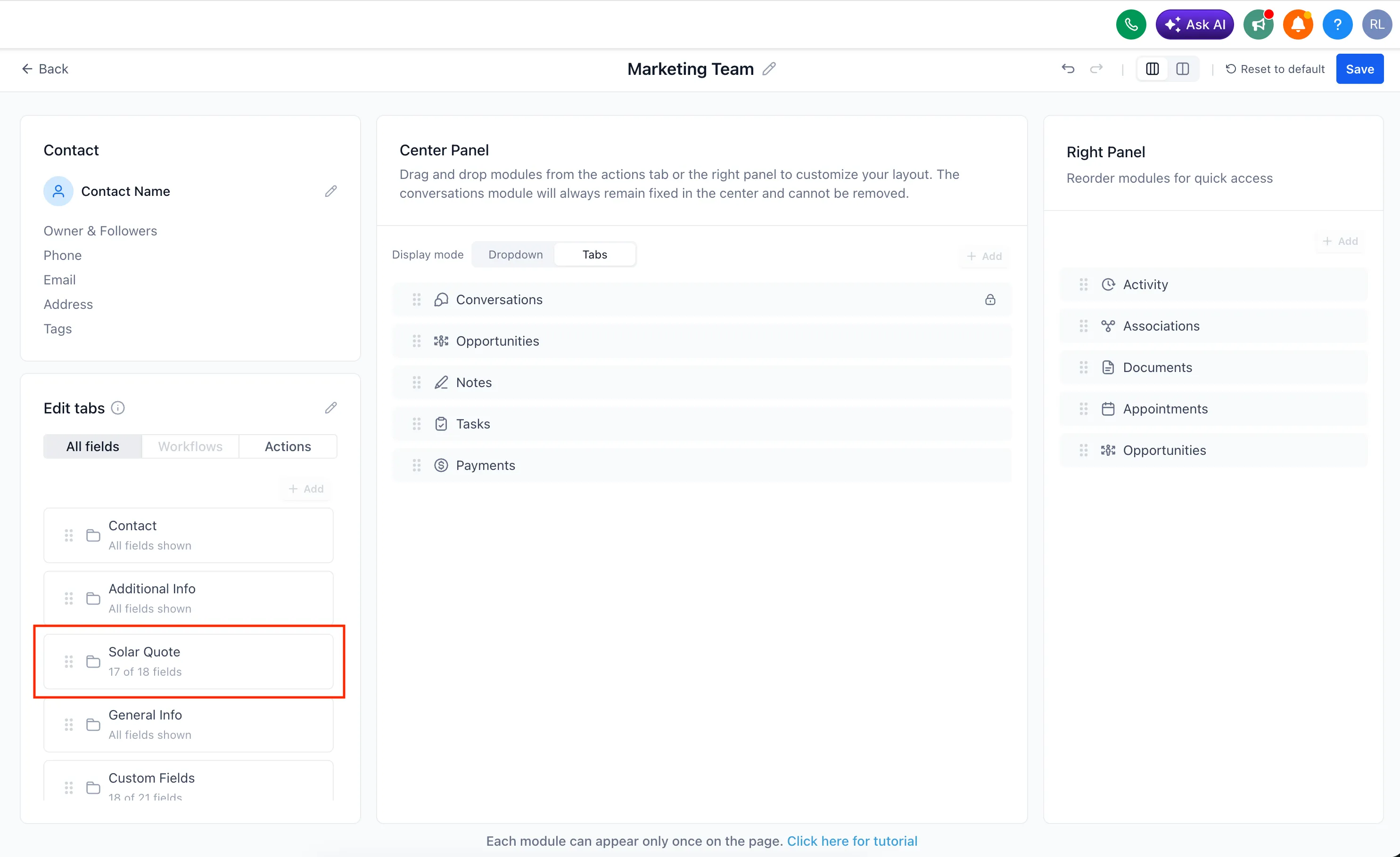 Field and module visibility controls