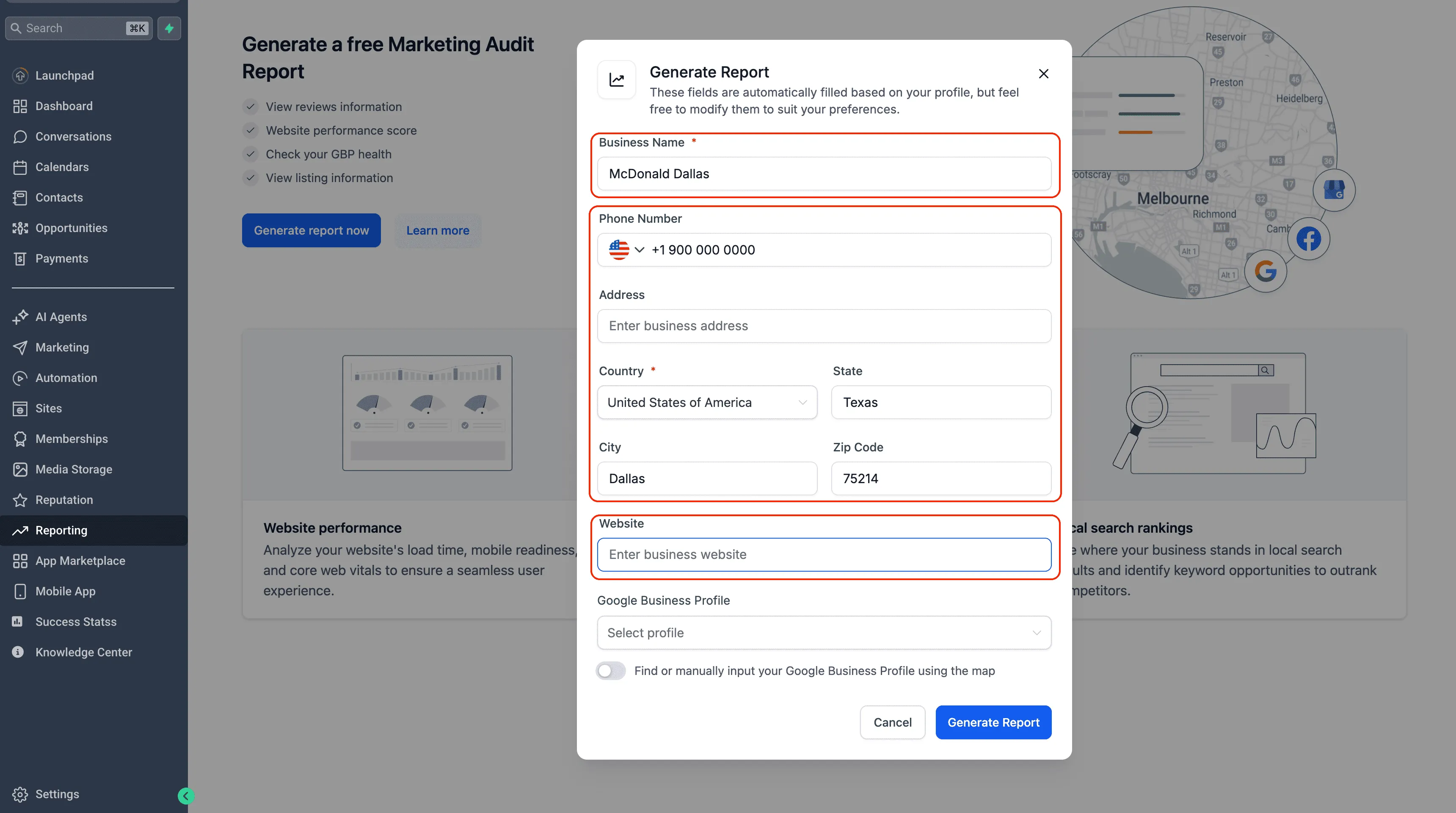Business details review screen before running a Local Marketing Audit in SMBcrm