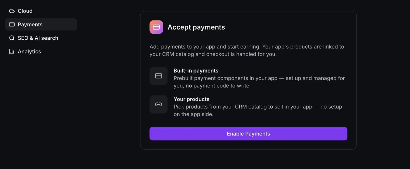 AI Studio Payments panel offering built-in payments and products from your CRM catalog, with an Enable Payments button.