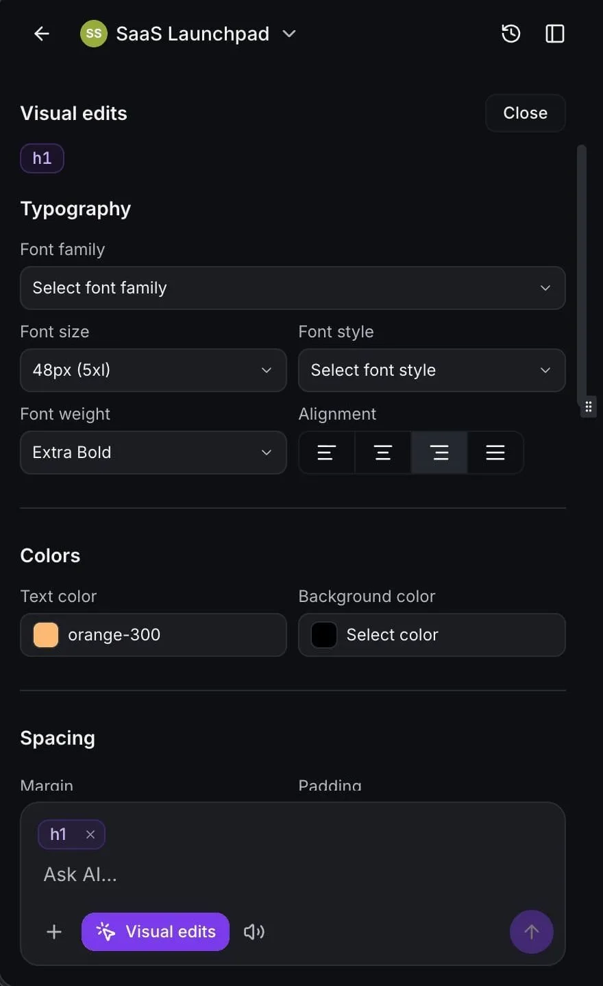 AI Studio editor with the visual edits panel open on a generated web app.
