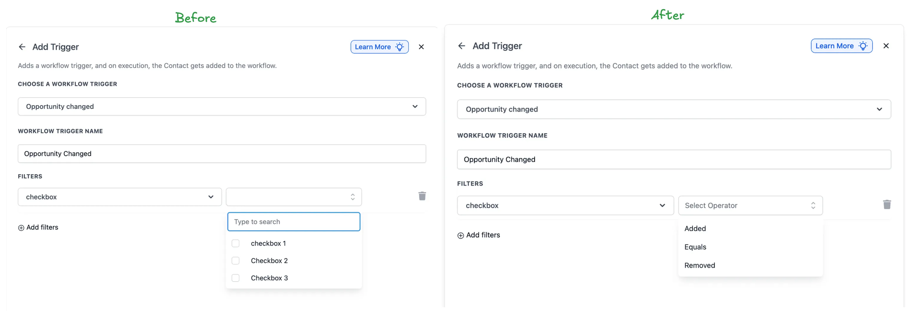 Custom opportunity field change operator setup in SMBcrm Workflows