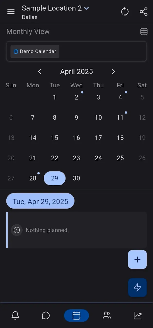 SMBcrm mobile app calendar — monthly view with scheduled appointments