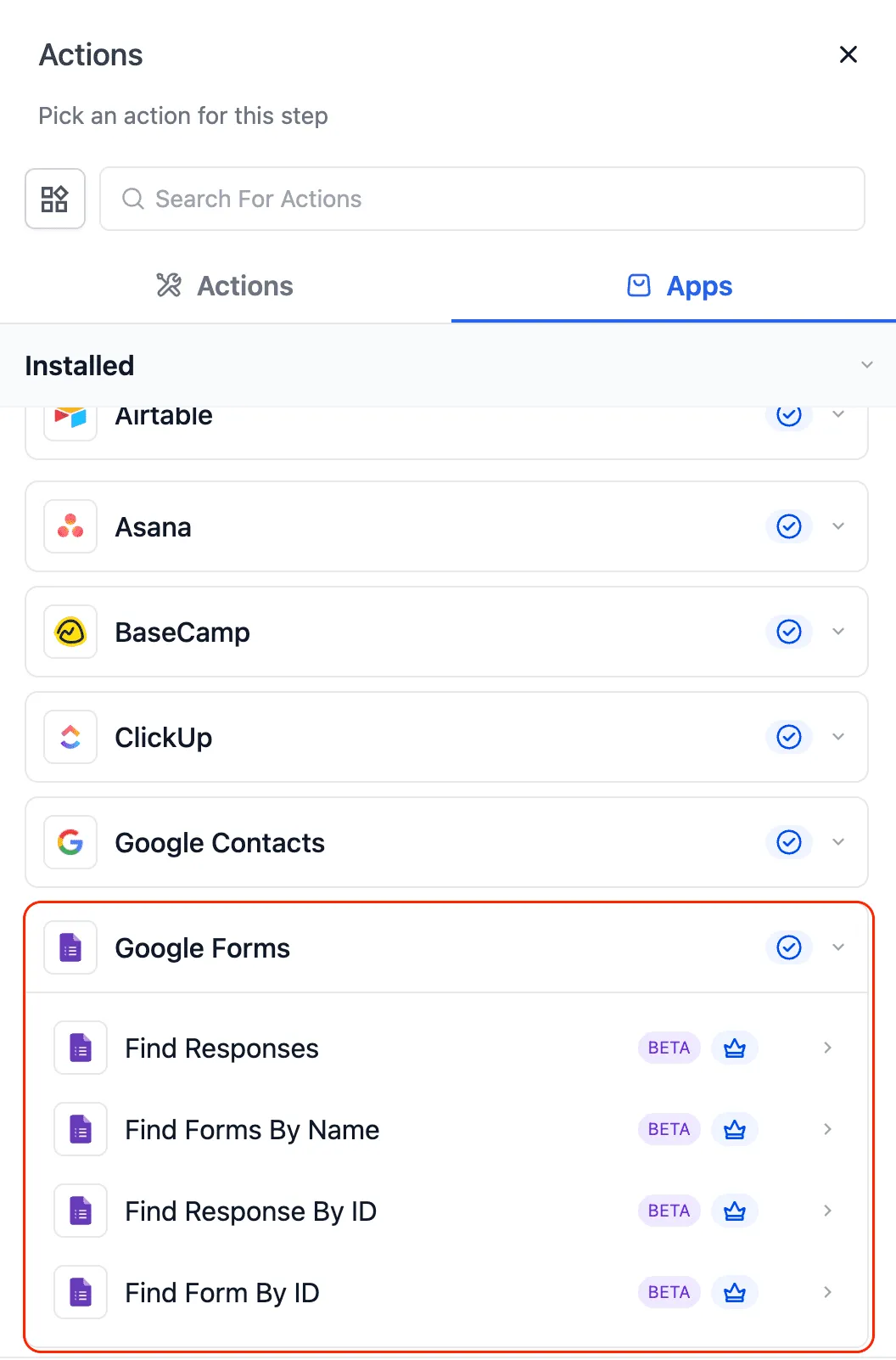 Google Forms integration workflow configuration in SMBcrm