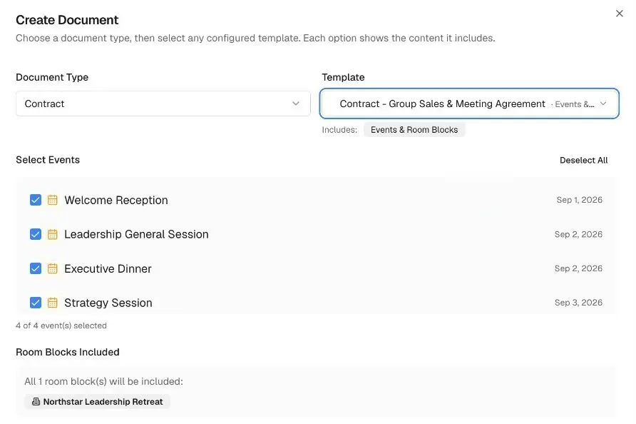 Create Document dialog in GuestEM Sales & Catering with a Group Sales & Meeting Agreement template, four selected events and one room block