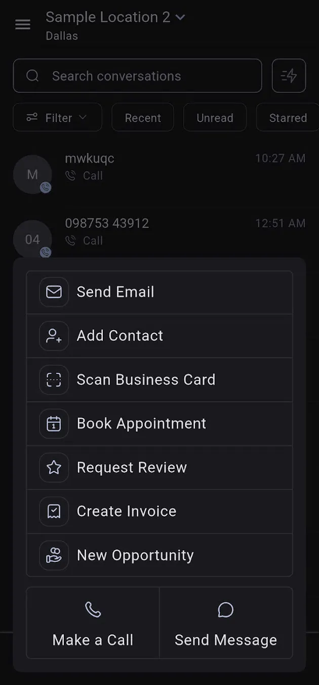 SMBcrm mobile app conversations inbox with quick actions — send email, book appointment, request review, create invoice, new opportunity